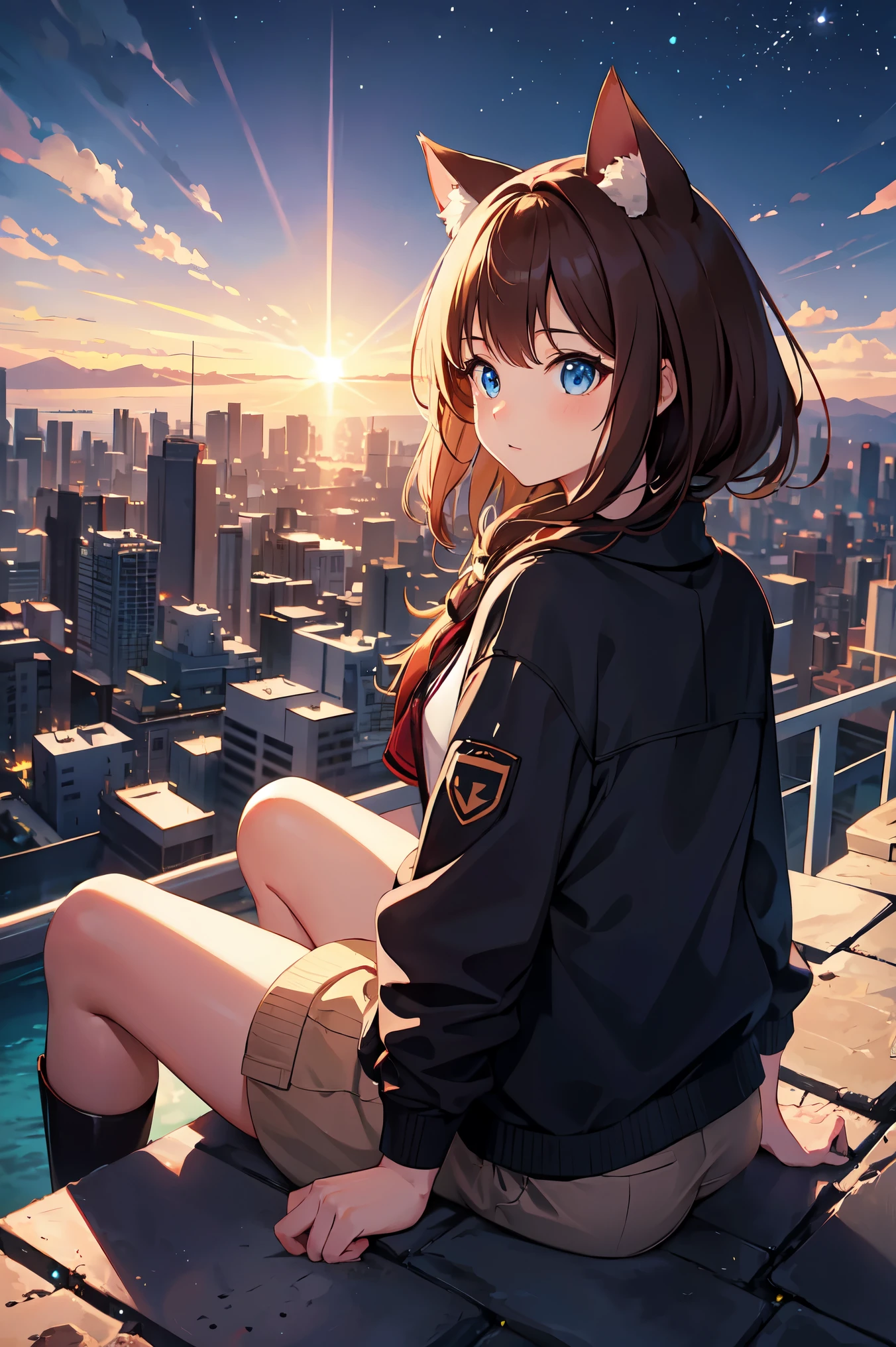 highest quality, High resolution, perfect human structure, background focus, shining hair, Cat ear, brown hair, bob hair, from behind , gradient eyes, flowing bangs, on the cliff, sitting, overlooking the city, Near future, night, aurora,