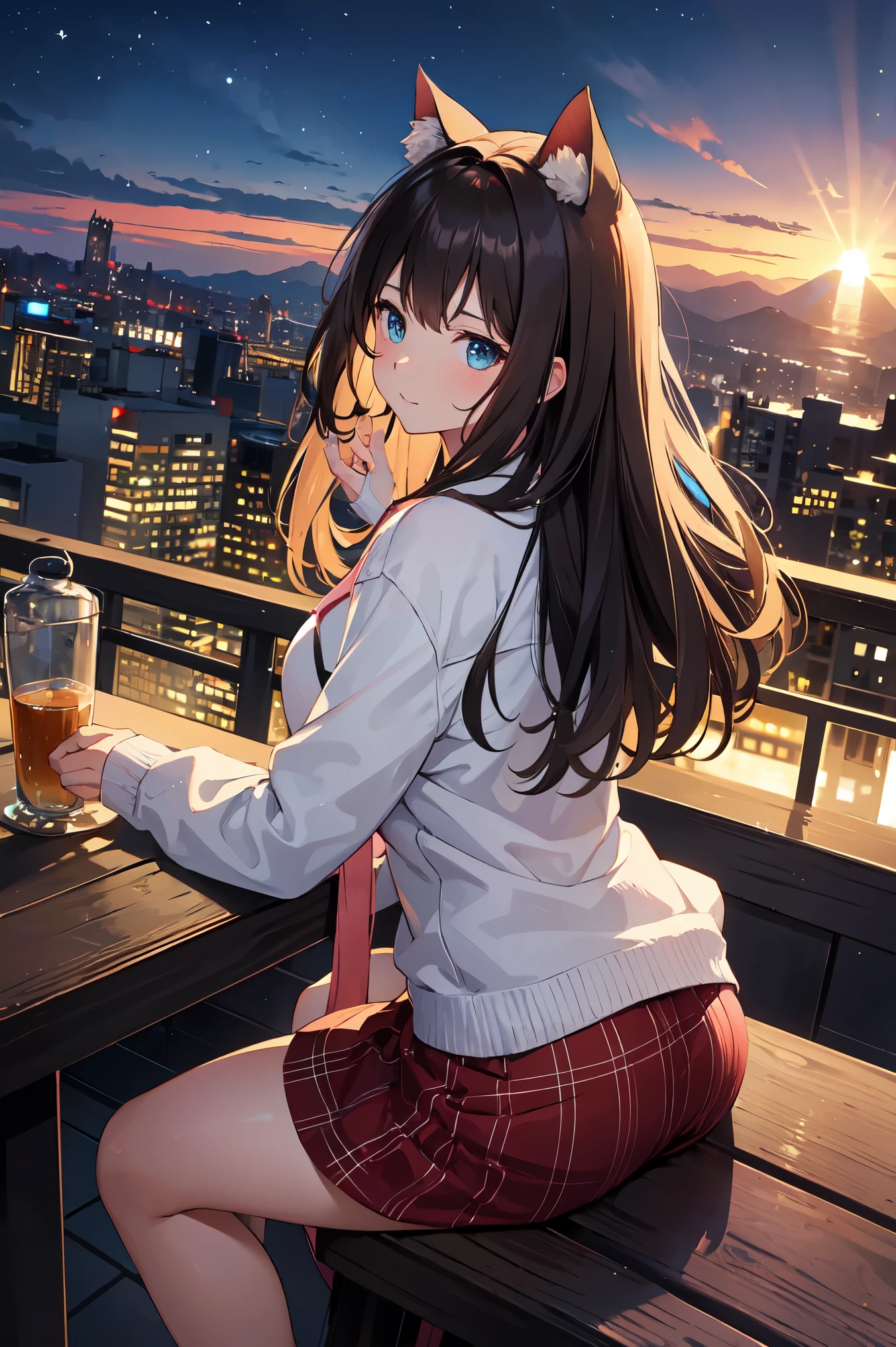 highest quality, High resolution, perfect human structure, background focus, shining hair, Cat ear, brown hair, bob hair, from behind , gradient eyes, flowing bangs, on the cliff, sitting, overlooking the city, Near future, night, aurora,