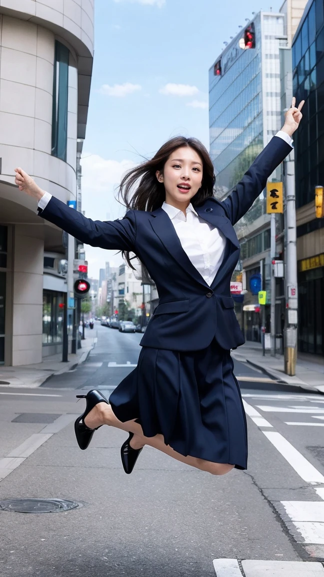 highest quality、masterpiece、ultra high resolution、(realistic:1.4)、downtown Tokyo、woman、ライオンから逃げるwoman、(((jumping and spinning)))、 ,serious expression、beautiful woman、business suit、skirt、handbag、high heels