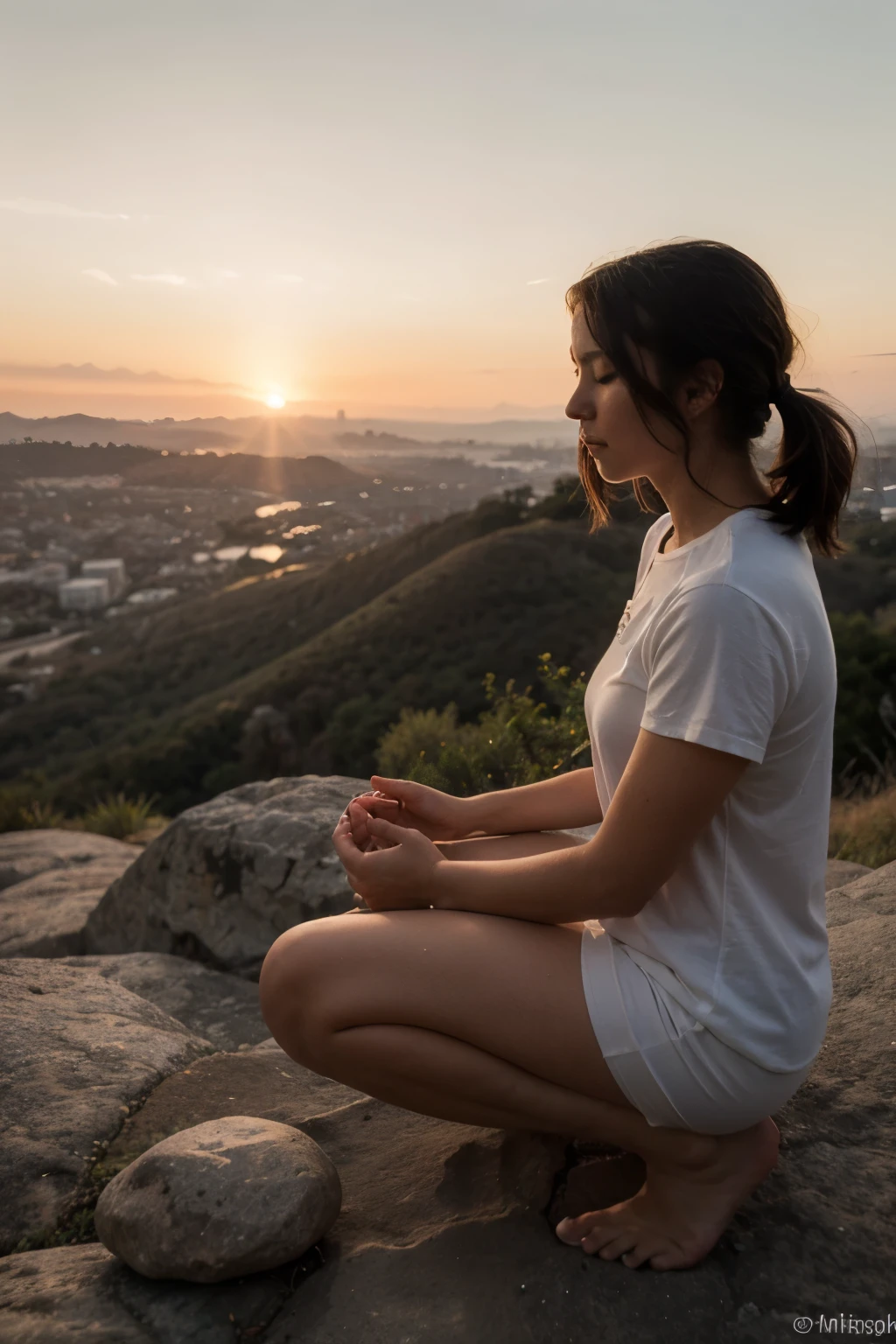 crie uma imagem de uma pessoa meditando e m uma pedra num local alto ao por do sol.