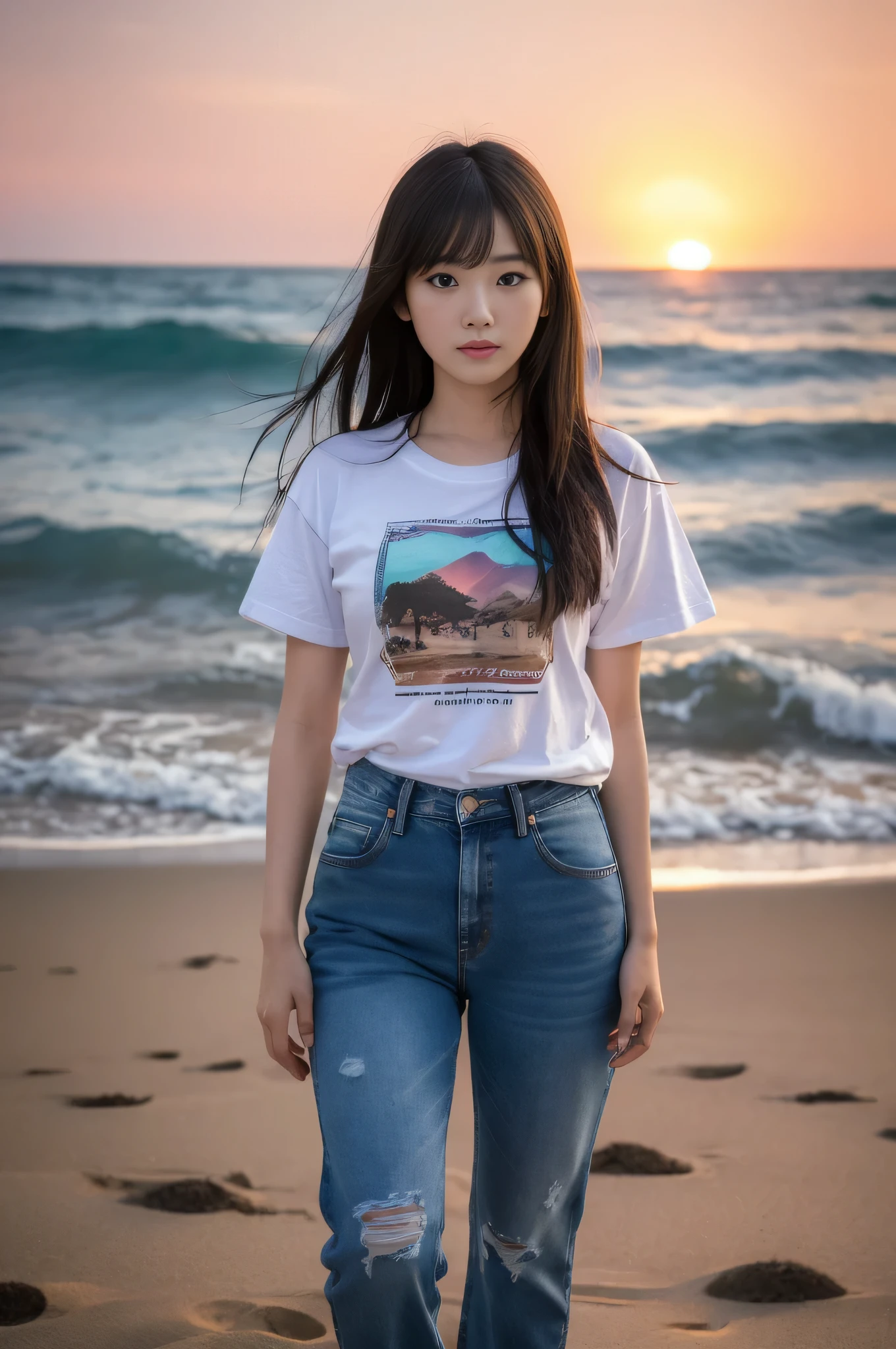 highest quality,masterpiece,32k,realistic,incredibly absurd,Depth of the bounds written、blur background、professional lighting,cinematic lighting,full body,thin,Photos of beautiful Japanese women,25 year old girl,contrasting,sandy beach,Wind,sunset,long hair,black hair,T-shirt,jeans,Aggressive,