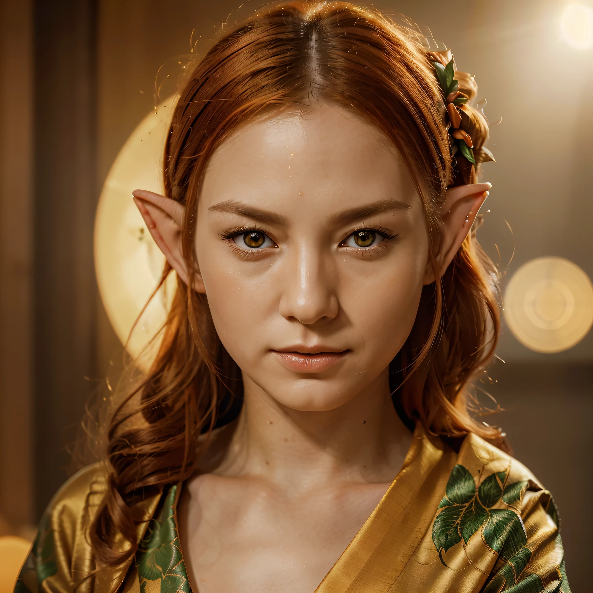 (Melhor qualidade,realista:1.37),an extremely detailed portrait of a German elf with pointy ears and orange hair wearing an orange Japanese kimono,perfectly mixing German and Japanese elements,pintura ultrafina,sharp focus,physically based rendering,profissional,cores vivas,Bokeh,retratos,studio lighting,with delicate golden lighting,highlighting the beauty of the elf&#39;s features.