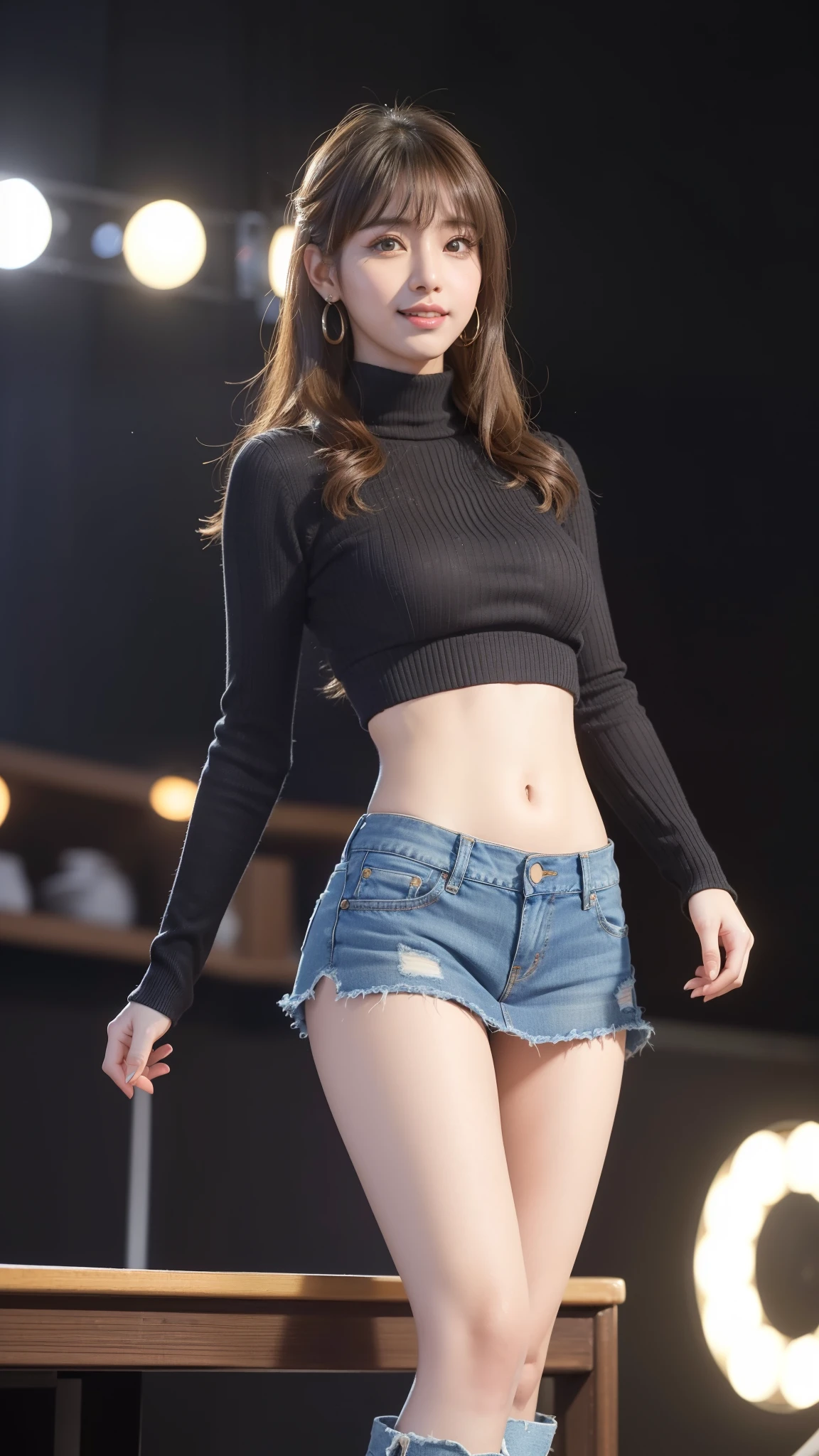 8k, table top, Raw photo, highest quality, realistic, Wallpapers with extreme details CG Unity 8k, Depth of the bounds written, cinematic light, Lens flare, ray tracing, (very beautiful face, beautiful lips, beautiful eyes), face with intricate details, ((ultra detail skin)) 1 girl, (Korean model Kim Da-eun, Dhoni), (Korean model Kim Da-eun, Dhoni), (Korean model Kim Da-eun, Dhoni), (Korean model Kim Da-eun, Dhoni), (Korean model Kim Da-eun, Dhoni),1 girl, ((look up at the audience)),(A big smile:1.3), (blurred background), faint light), (no people in the background.:1.3), beautiful earrings, clear eyes, front shot, (pale skin), (Big eyes), (Big eyes) (Big eyes), (Big eyes), (Big eyes), facing forward, (full body shot), (light brown hair), おopen the navel............, (look up at the audience:1.3), small hips, small hips,small hips, thin waist, small hips, ((wide open abdomen))、((open abdomen))、((wide open the navel))、((open the navel))、((naked belly))、((midriff sweater))、((Super low-rise、denim mini skirt))、 ((Navel exposed))、((small hips))、((full body description))、((small hips))、(boots)、((Super low-rise))、 ((denim tanding))、