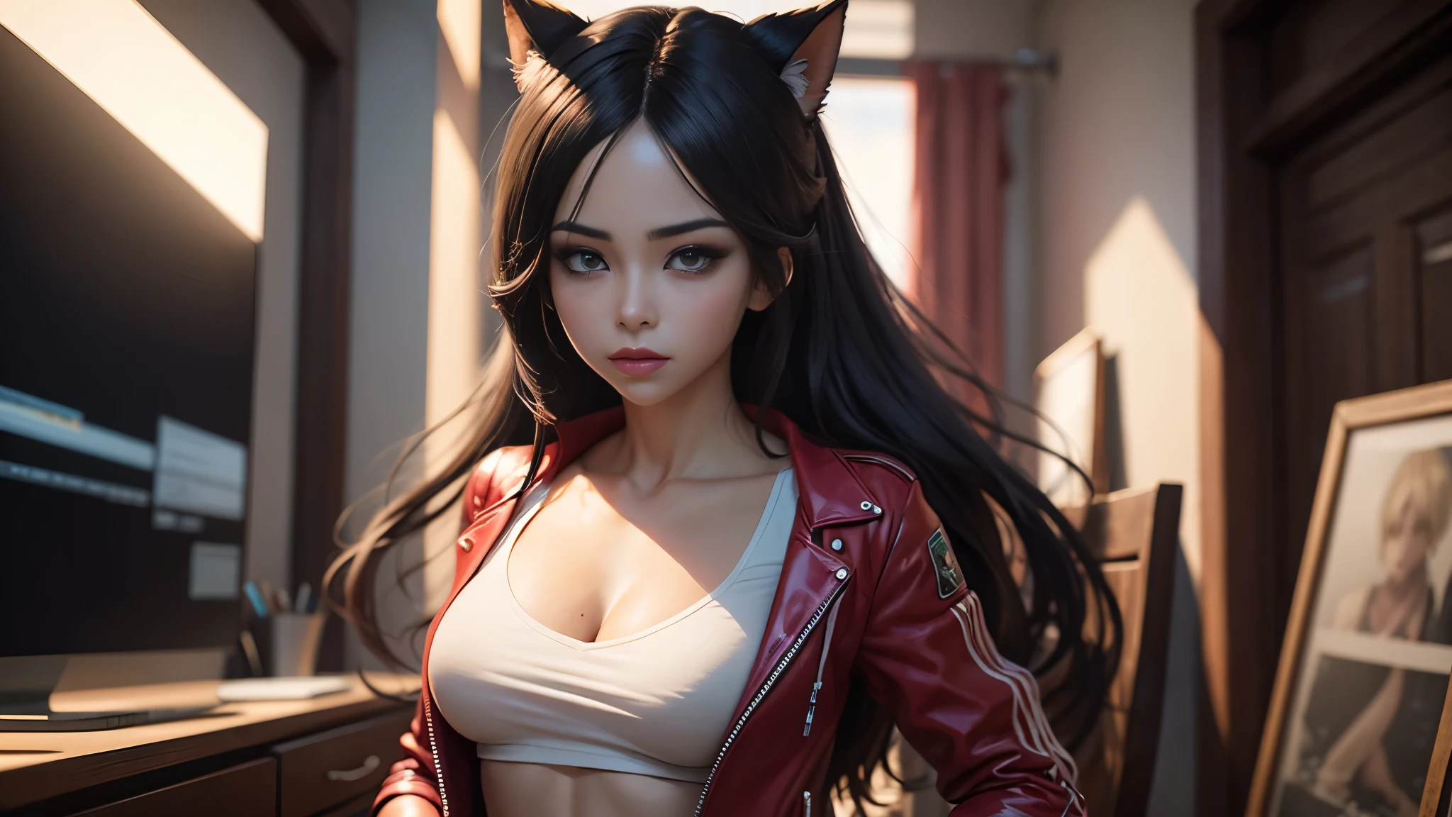 Grande garota de anime posando corpo inteiro com blusa vermelha e preta latex, estilo anime 3 d realista, Trends in CGSTATION, anime 3d realista, [ arte digital 4k ]!!, photorealistic rendering of anime girl, Bokeh Artgerm 8K, obras de arte no estilo de guweiz, anime fotorrealista, anime hiper realista, garota anime sedutora, Arte suave em CG de anime