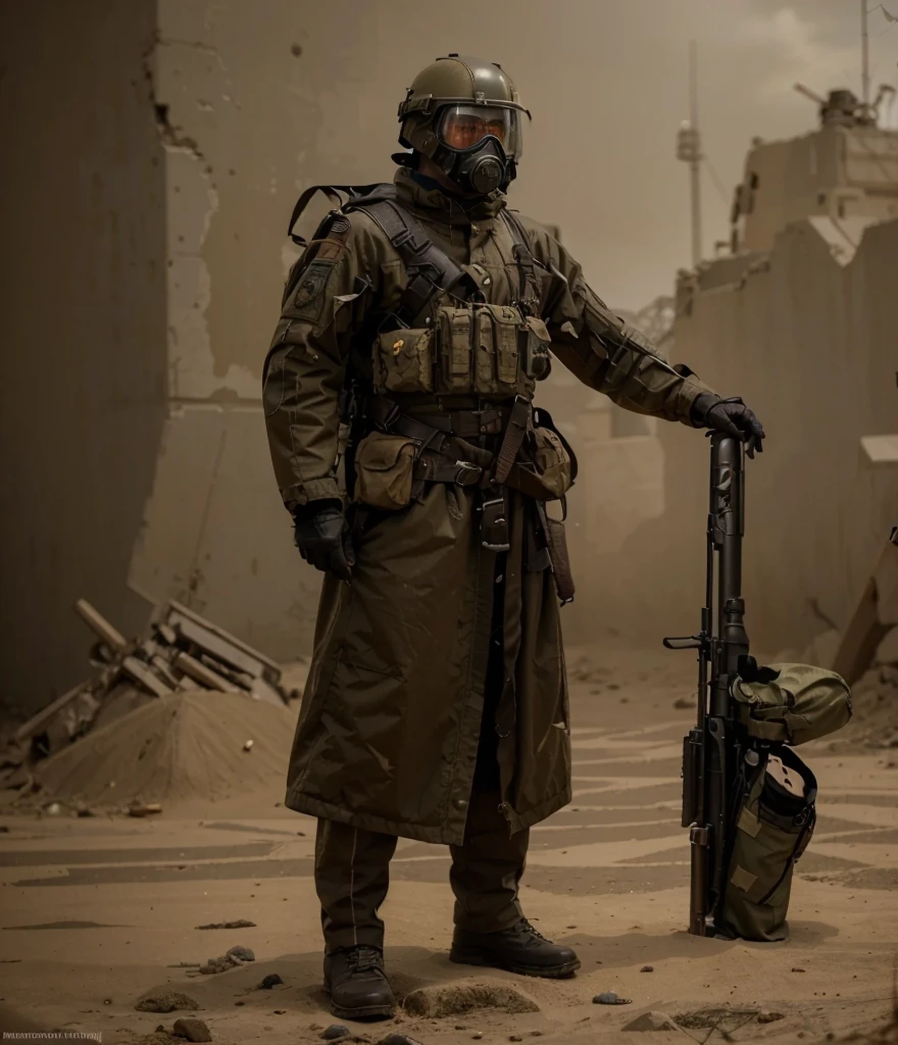 male soldier, tactical latex gas mask covers his entire head, brown Soviet style military uniform with red details, long winter trench coat, military helmet, belts with ammunition, military boots, carries a metal backpack, holds a futuristic laser Tommy gun, is on a battlefield in a post-apocalyptic desert, explosions, semi top view, ultra detailed, hyper realistic, 4k, ultra detailed image, realistic, highly detailed, perfect composition, splendid, intricately detailed, incredibly detailed, Artistic photography in 8K, hyper detailed, Masterpiece