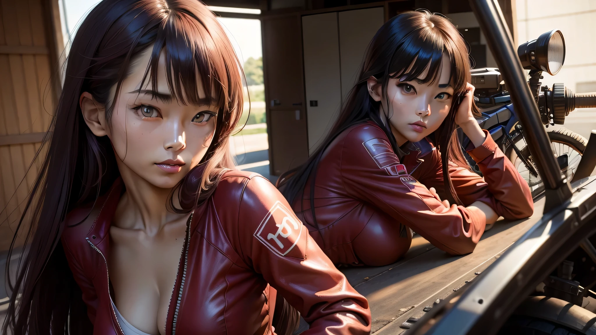 beautiful japanese women pictures, wearing a red rider suit, Purple straight hair, Bicycle side, Are standing, Zenshin Shashin Dark Garage, smile ,Condescending look ,Please look into the camera, symmetrical eyes, symmetrical face, realistic, photo shoot, path tracing, specular lighting, volume face light, Hair traced in the past, visible shadow, Complex, elaborate, 超realistic,,perfect body,(lie:1.3)