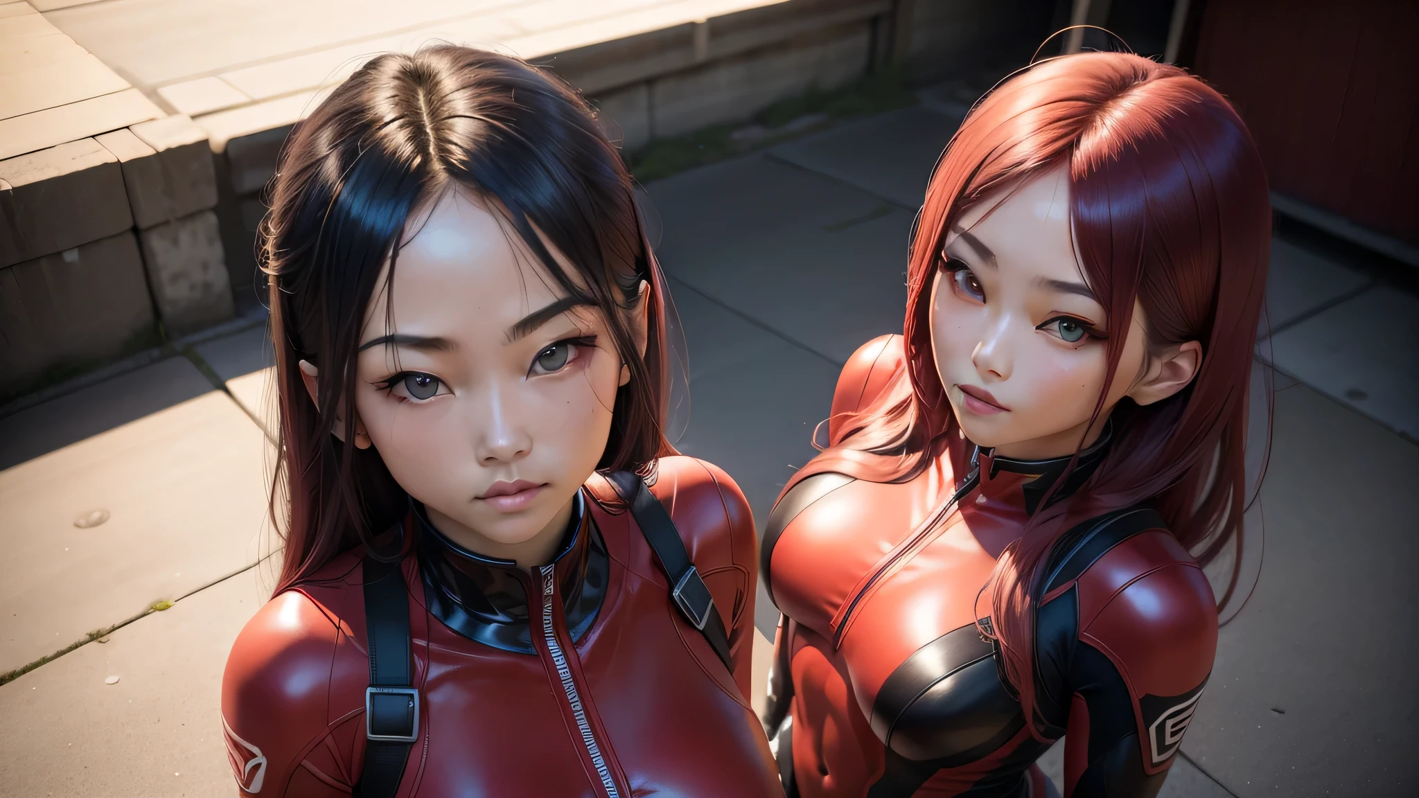 beautiful japanese women pictures, wearing a red rider suit, Purple straight hair, Bicycle side, Are standing, Zenshin Shashin Dark Garage, smile ,Condescending look ,Please look into the camera, symmetrical eyes, symmetrical face, realistic, photo shoot, path tracing, specular lighting, volume face light, Hair traced in the past, visible shadow, Complex, elaborate, 超realistic,,perfect body,(lie:1.3)