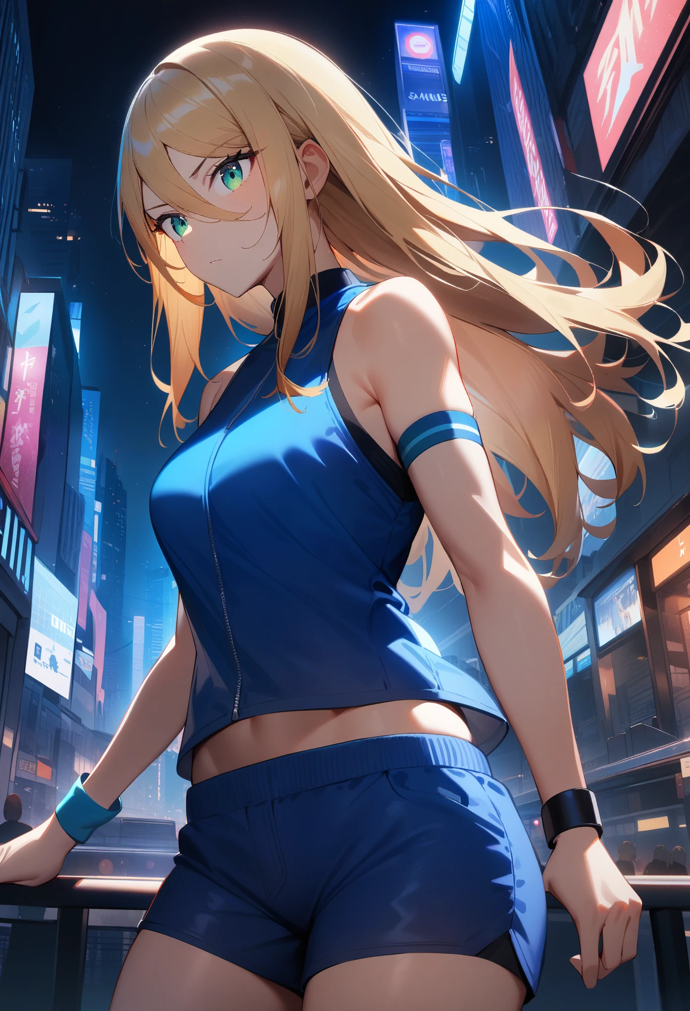 1girl,Samus aran,solo,green eyes,blonde hair,blue cropp tops,blue shorts,wrist band,hair down,cowboy shot,night city,Science fiction,ultra-detailed,sharp focus,aesthetic,(best quality)