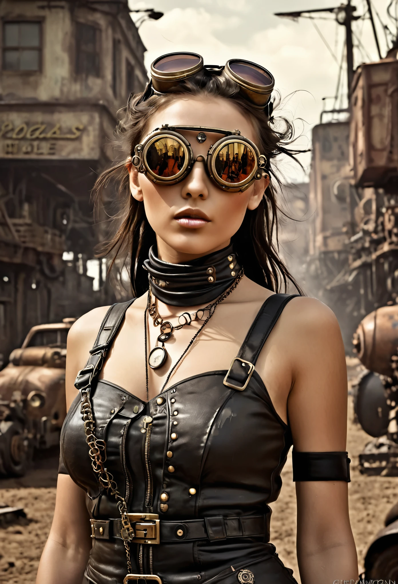 ambiente steampunk, dramatic art, estilo de arte dieselpunk, apocalyptic road warrior vibe, a girl wearing beautiful mirrored sunglasses that reflects everything around her, arte digital surrealista, Mad Max inspirado, heavy metal artwork, simetria da face cromada, arte steampunk digital, no estilo Mad Max, metal art, not art style by Filip Hodas, arte digital steampunk, dieselpunk, em um mundo hightech