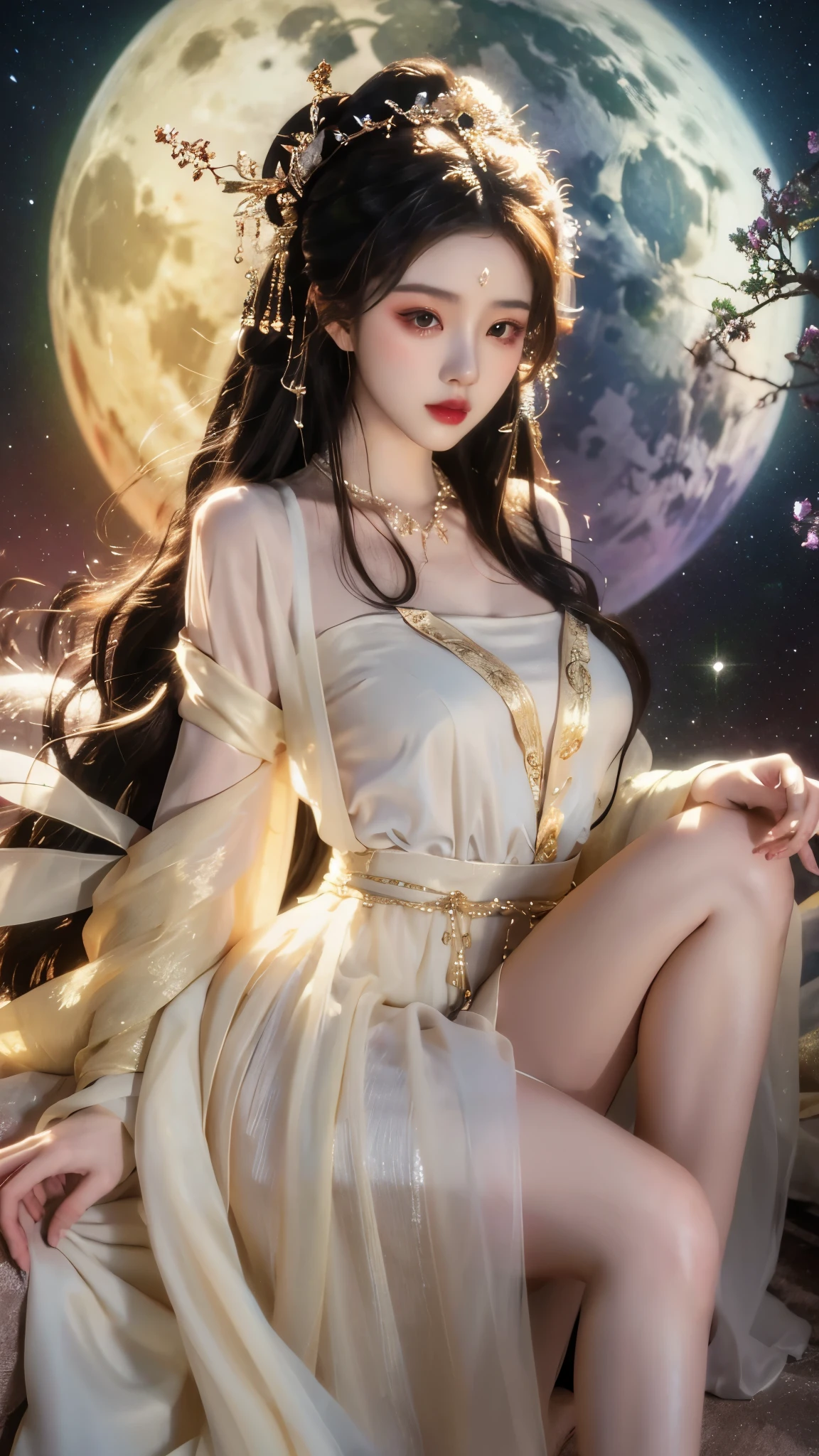 ((knee shot)), red lips, a mature woman, Exquisite makeup, ethnic style, lifelike、real picture、((realistically:1.5))、White phalaenopsis around hair，Lilac dendrobium、White Lily、1 girl、brown hair、flowing hair、plump breasts, slim, Slender sexy legs, Charming legs, strike an elegant pose, Have extremely beautiful facial features、hairpins on head、perfect hands、(night、moon、cliff)、 vector art、Chinese contemporary art、soft light、look down