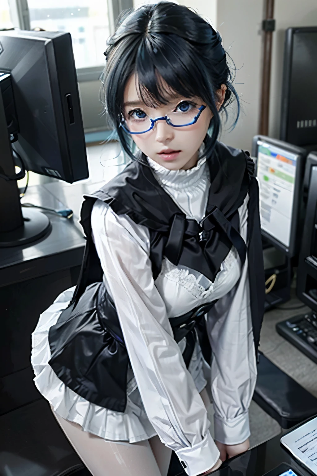 1 girl, blue hair, blue eyes, short hair, black capelet, skirt, white pantyhose, blue demon wings, Bluish glasses, for mini,, indoors, hideout, many computer monitors, phantom thief hideout,, , 