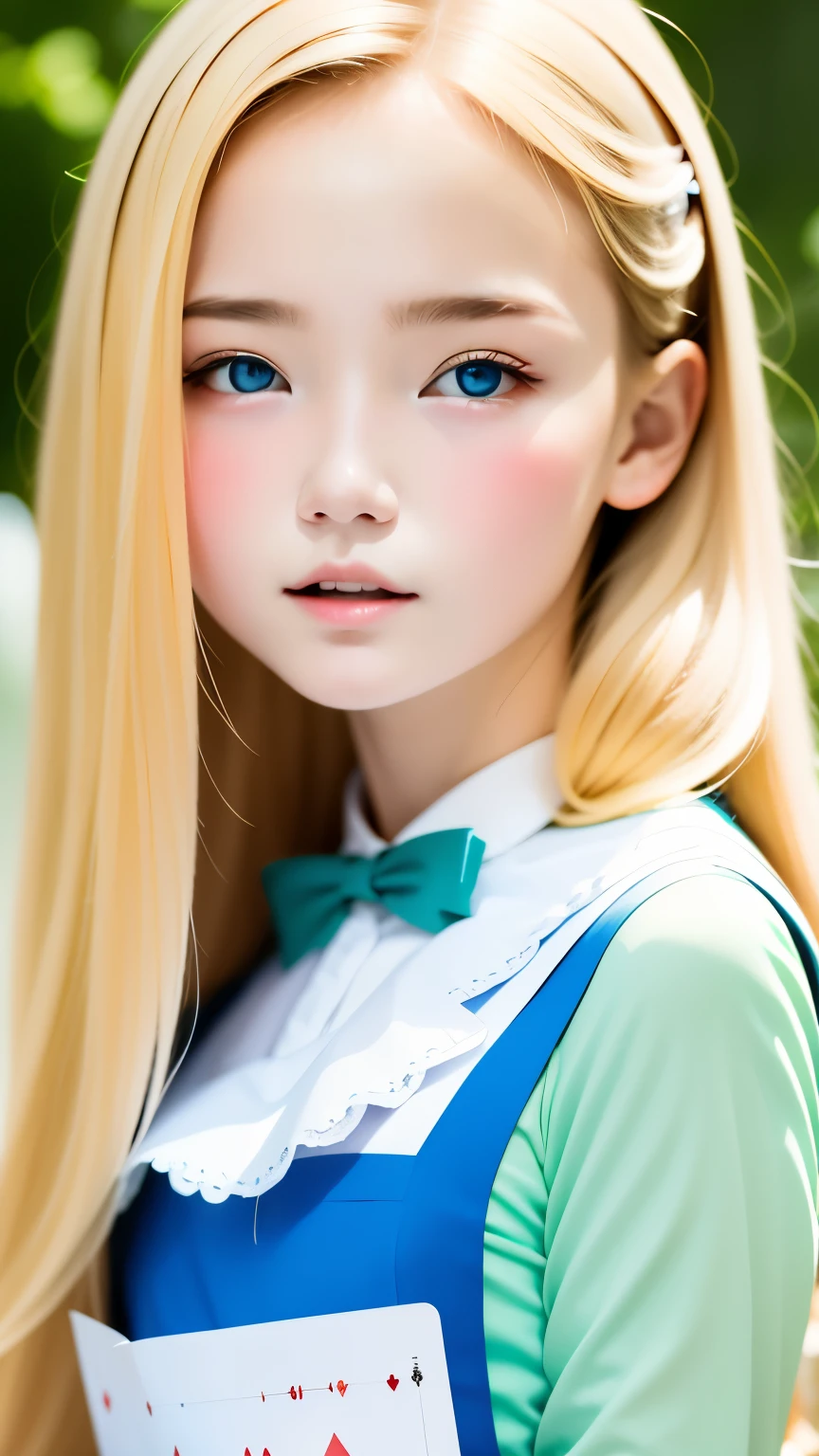 highest quality, ultra high resolution, realistic, cute girl pictures, detailed face, (Pueros face_V1:0.008), alice in wonderland, 13yo, blonde wavy hair, white apron, blue clothes, playing card pattern background, no makeup