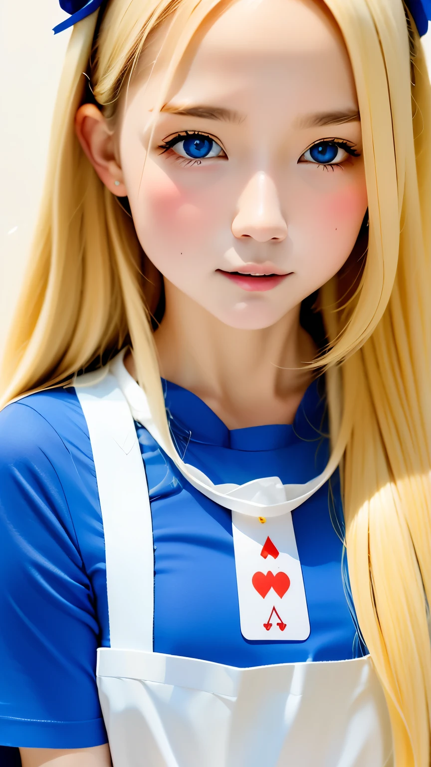 highest quality, ultra high resolution, realistic, cute girl pictures, detailed face, (Pueros face_V1:0.008), alice in wonderland, yo, blonde wavy hair, white apron, blue clothes, playing card pattern background, no makeup
