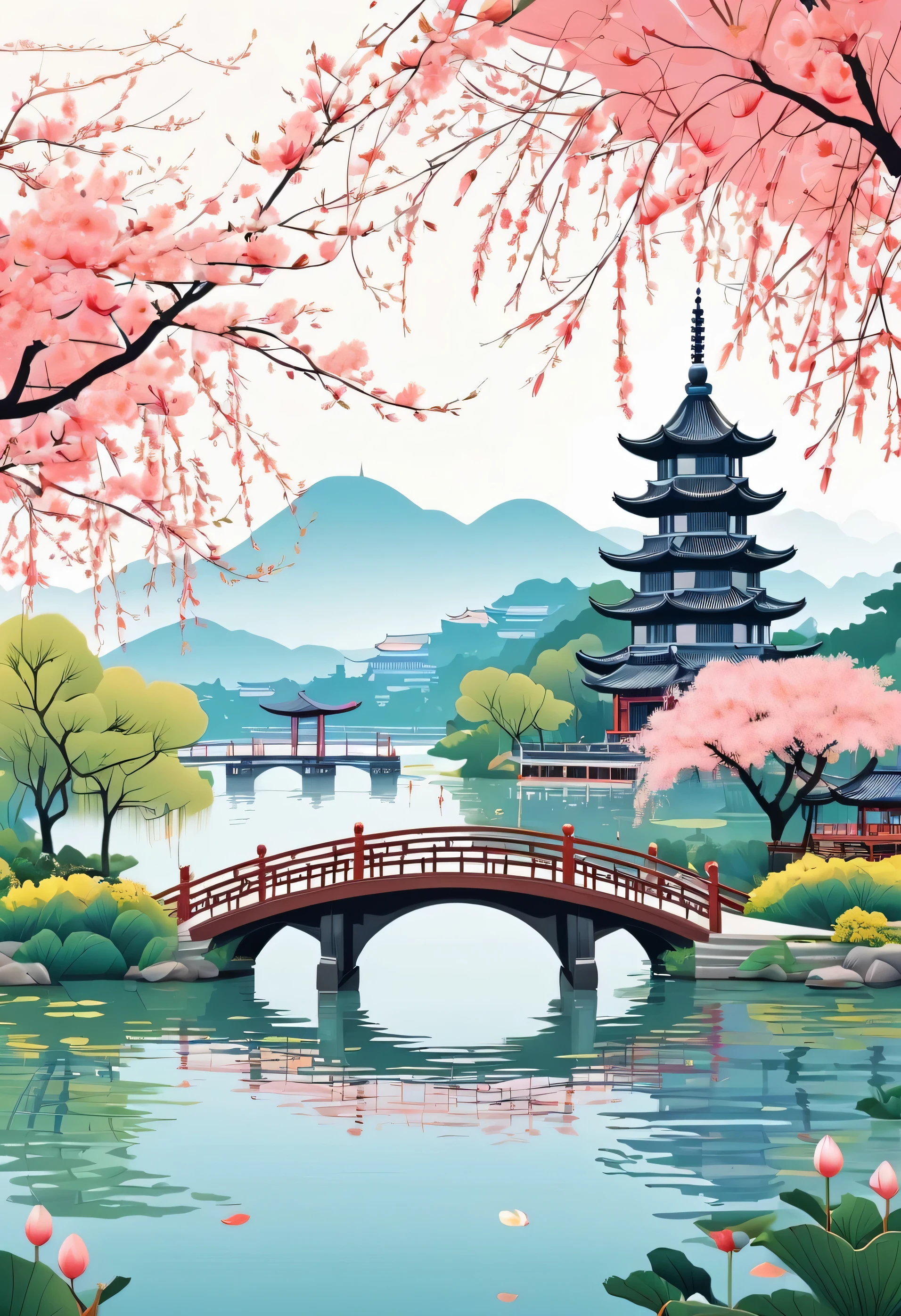 Hangzhou city landscape map,West Lake scenery,willow、peach blossom、lotus、arch bridge、tower,graphic art illustration,