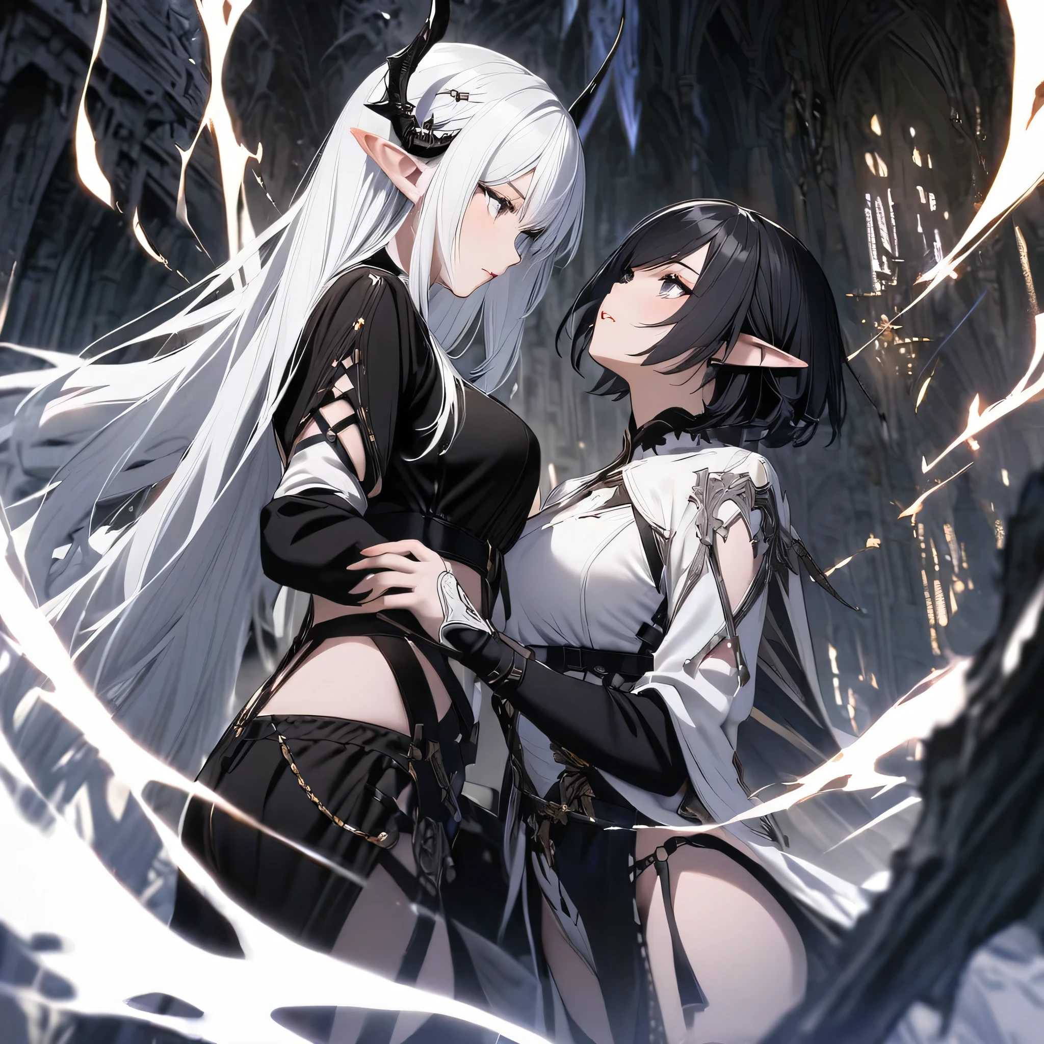 dark elf, 2 girls ,black clothes, black hair, white hair,White clothes, fantasy