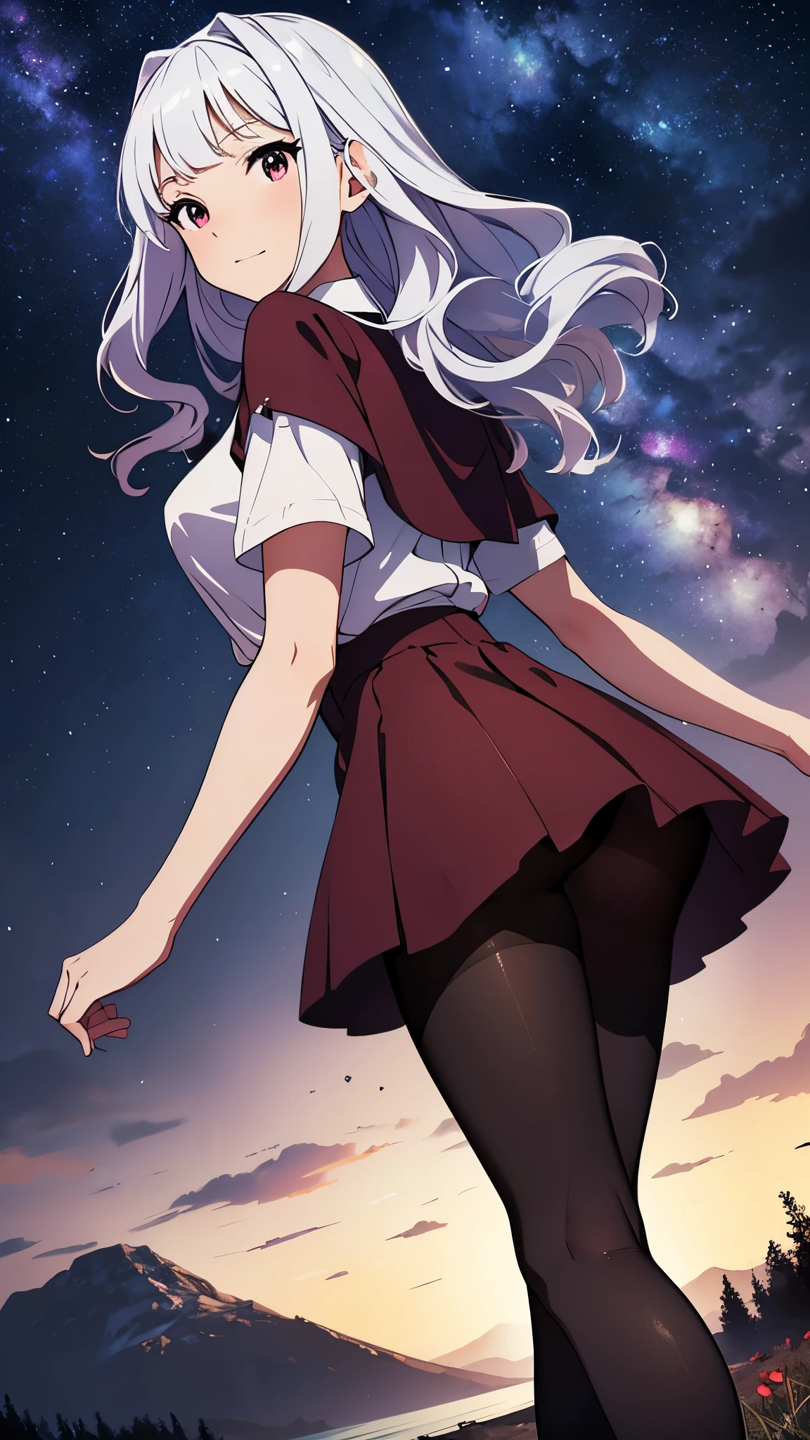 CG, unity, 8k, wallpaper, highest quality, masterpiece, lovely woman, Rear view looking up at the sky, (sad expression: 1.1), 18-year-old, white hair, white skin, BREAK, white blouse, BREAK, dark red skirt, (pantyhose:1.3), (Realistic:1.2), best lighting, complex pupils, complex textile, detailed background, On a hill with no artificial buildings, there is no building, Spectacular starry sky with the Milky Way visible, nebula, night, Effect of dancing petals, A picture that looks like a movie advertisement