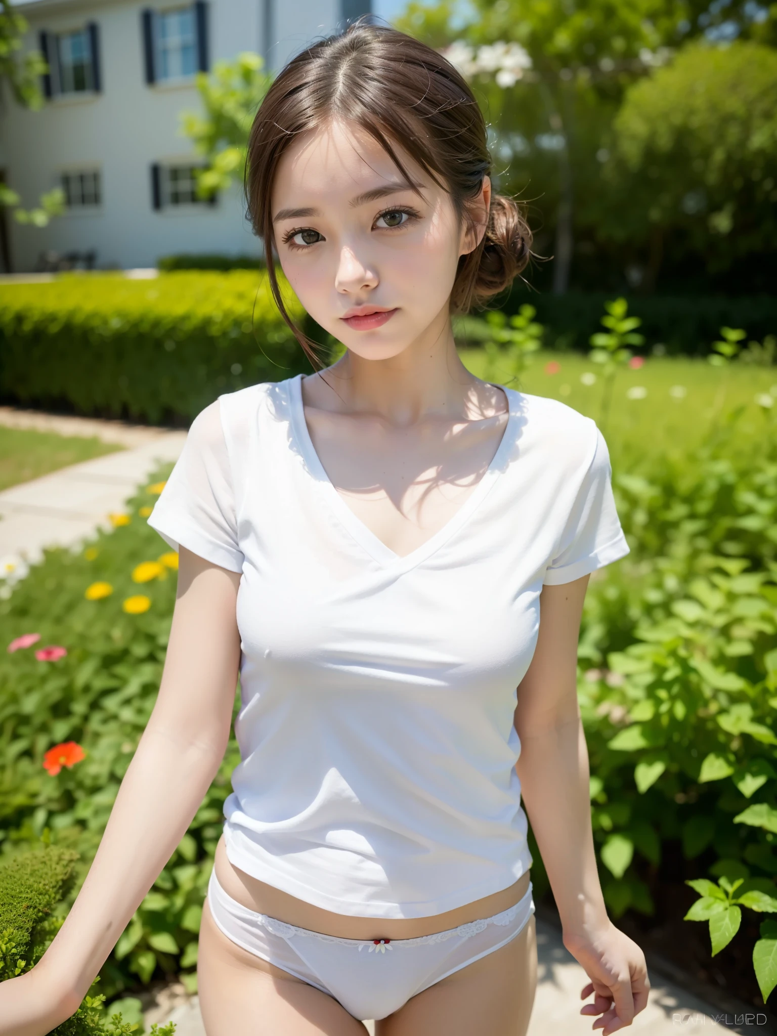 ((Best of the highest quality, 8k, Masterpiece: 1.3, raw photo)), Sharp focus: 1.2, (1 AESPA girl: 1.1), (Solo: 1.18), (realistic, photo-realistic:1.37), face focus, cute face, finely eyes, (Small breasts, flat chest, Thigh: 1.2), (shirt, white panties: 1.4), short messy hair, updo, garden, flower,