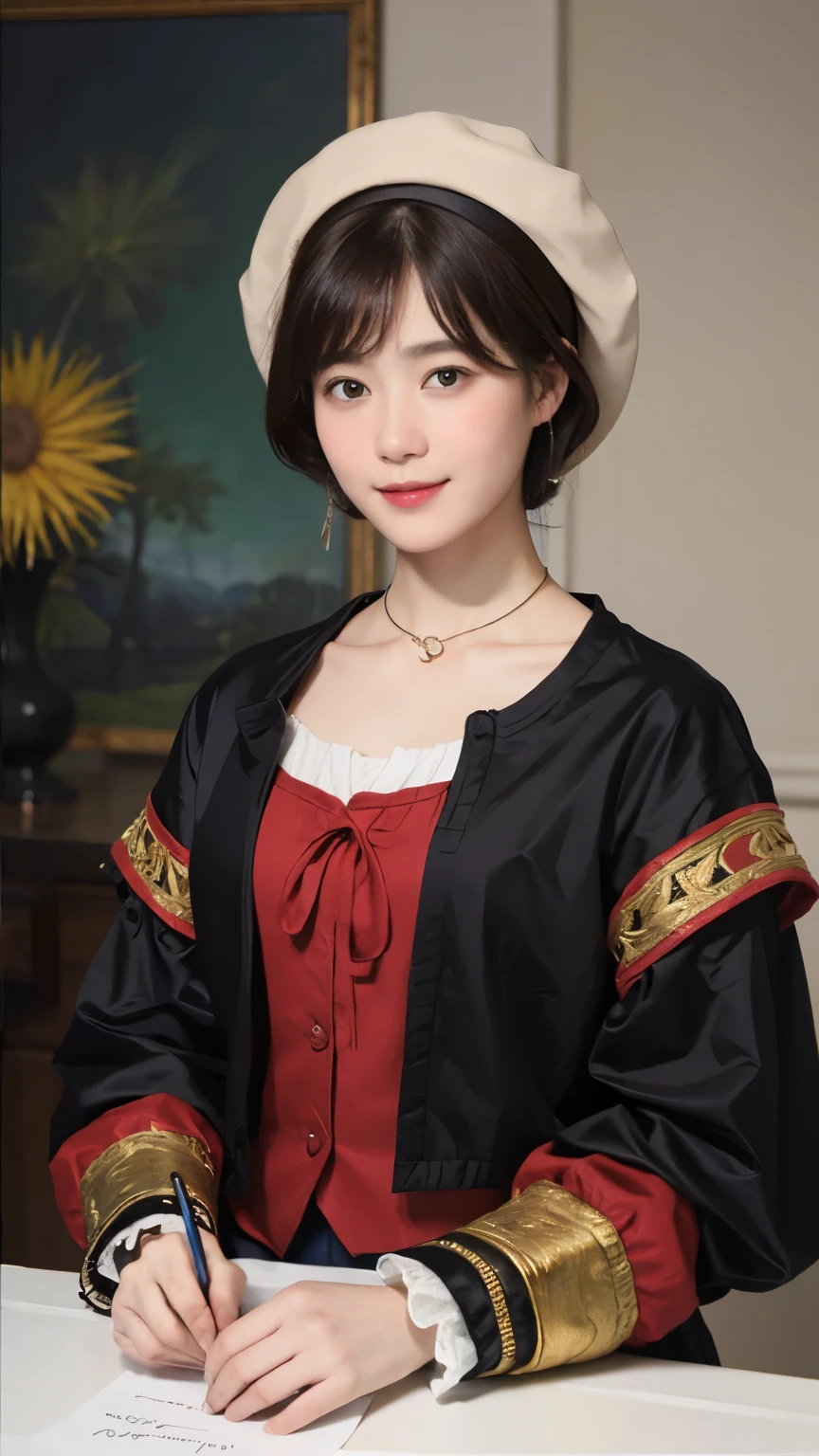 181 short hair, 20 year old female, gentle smile, (rembrandt style painting), (chest:1.2), long sleeve clothes
