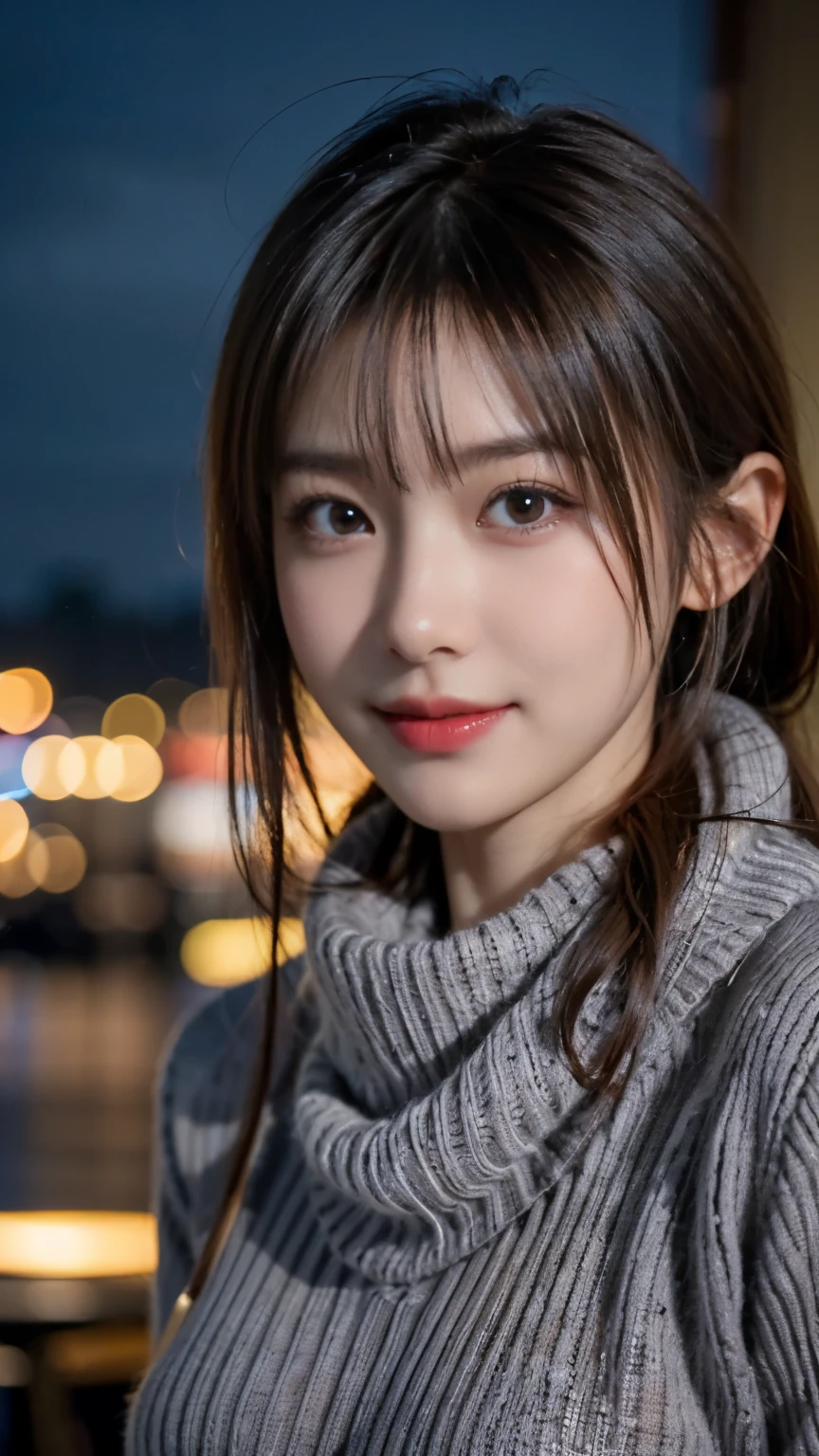 1 Japanese girl,(dark gray sweater:1.4),(she wears a knitted scarf around her neck.:1.2), (Raw photo, highest quality), (realistic, Photoreal:1.4), table top, very delicate and beautiful, very detailed, 8k wallpaper, wonderful, finely, very detailedCGの統一性, High resolution, soft light, Beautiful detailed 19 year old girl, very detailed目と顔, beautifully detailed nose, detailed and beautiful eyes,cinematic lighting,night city lights,perfect anatomy,slender body,smile (hair is dirty, asymmetrical bangs, light brown hair,)