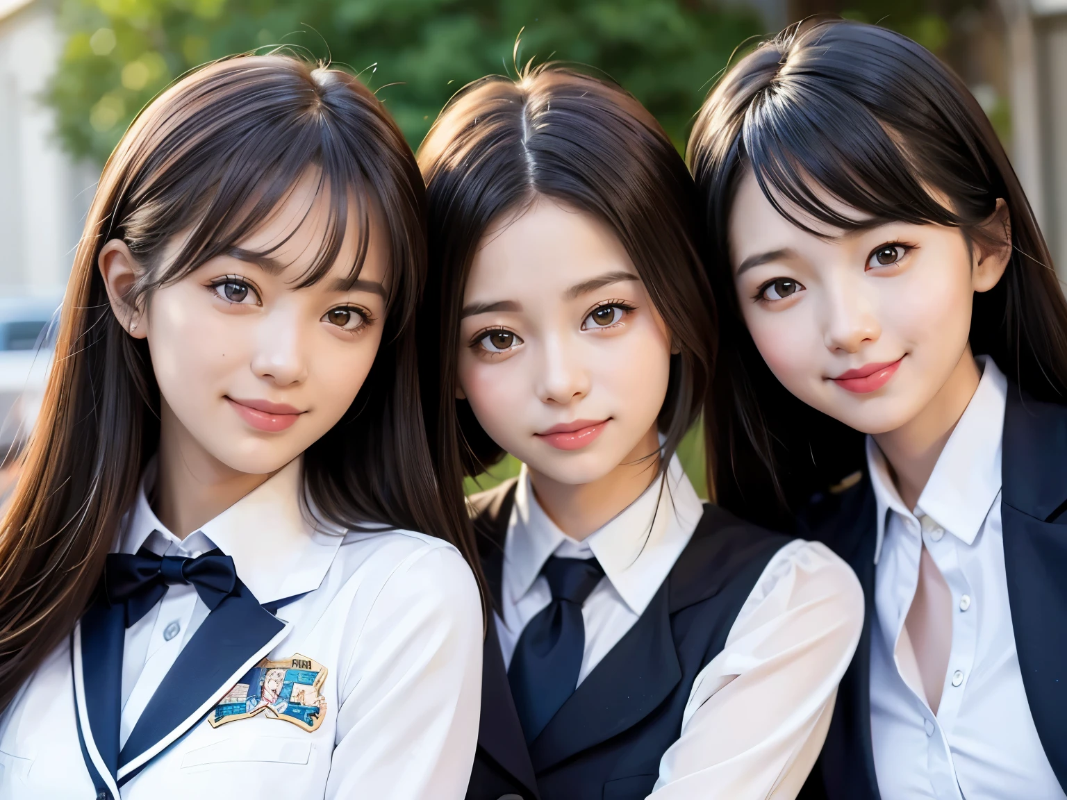 each々Three beautiful girls taking cute poses、All three beautiful girls with different hairstyles、Detailed and beautiful school uniforms、smile