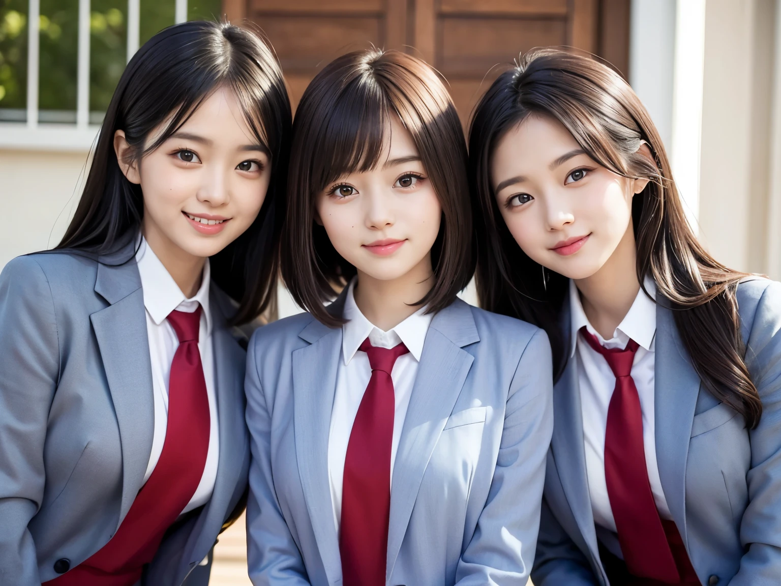 each々Three beautiful girls taking cute poses、All three beautiful girls with different hairstyles、Detailed and beautiful school uniforms、smile