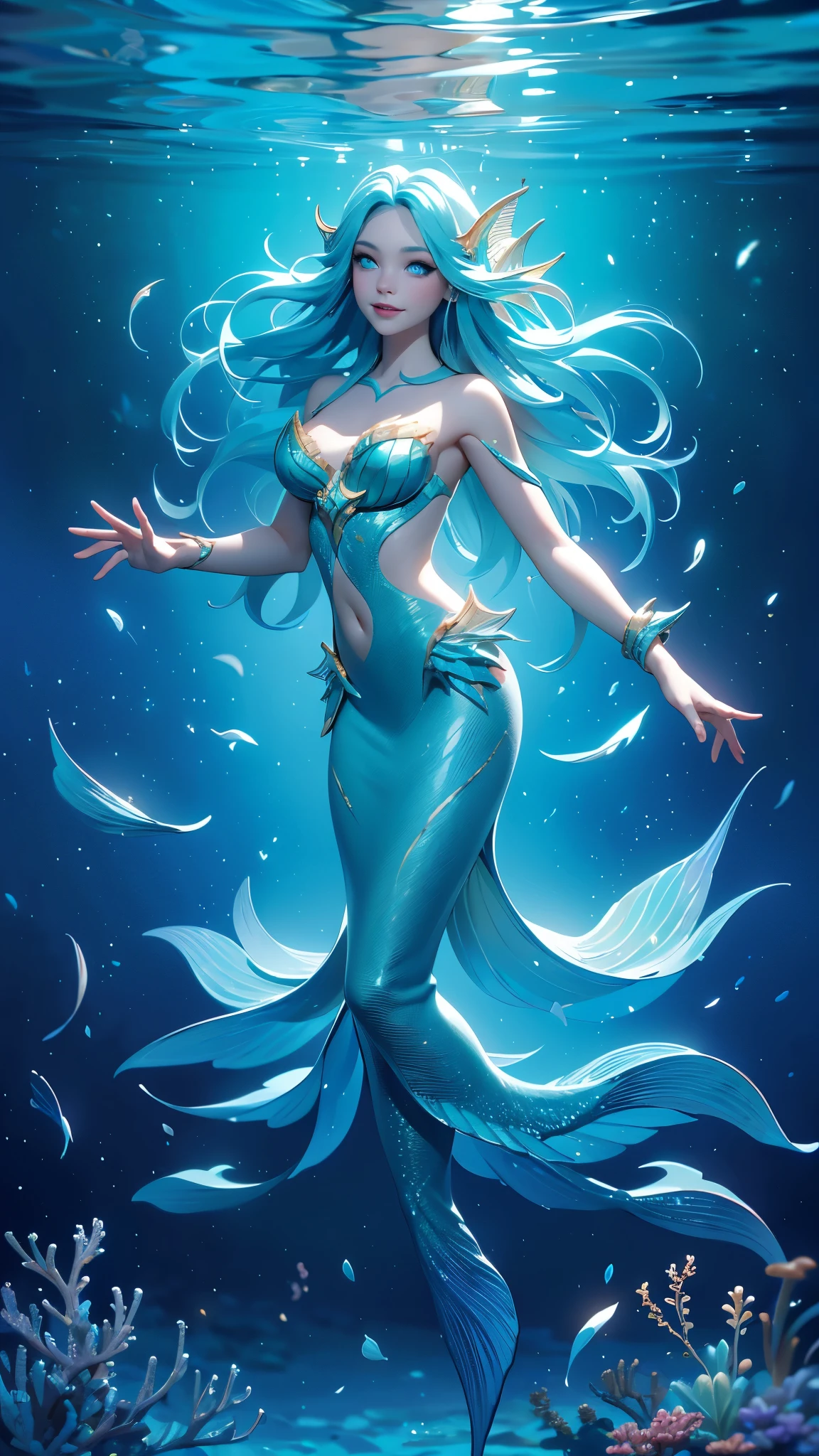 realistic photo, best possible quality, ultra realistic, sea, seabed, underwater, corals and reefs, a mermaid, a beautiful young woman, with random hair moving in the water, from waist to toe, she has a fish tail, mermaid, swimming with school of fish, (sirena Ariel) 