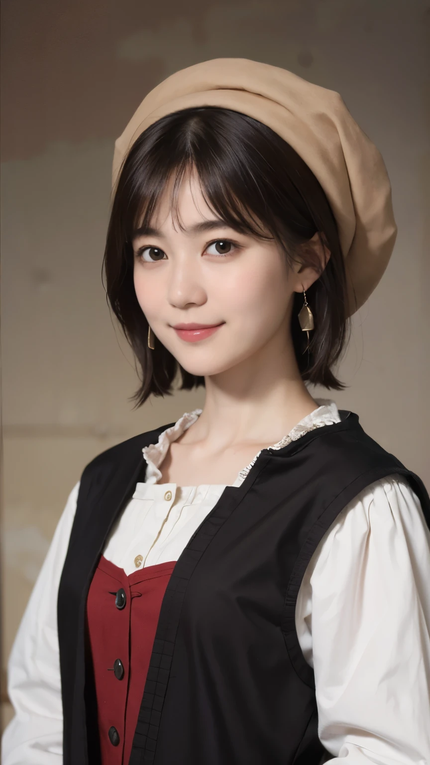 181 short hair, 20 year old female, gentle smile, (rembrandt style painting), (chest:1.2), long sleeve clothes
