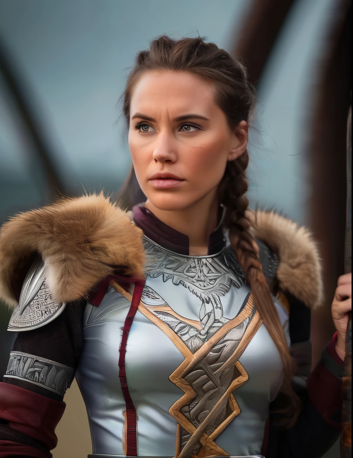 professional photo of brtmnl, Portrait photo of a viking princess, Nikon Z9, realistic matte skin, skin texture visible, (sharp focus), (high quality), ((frontal portrait)), symmetric