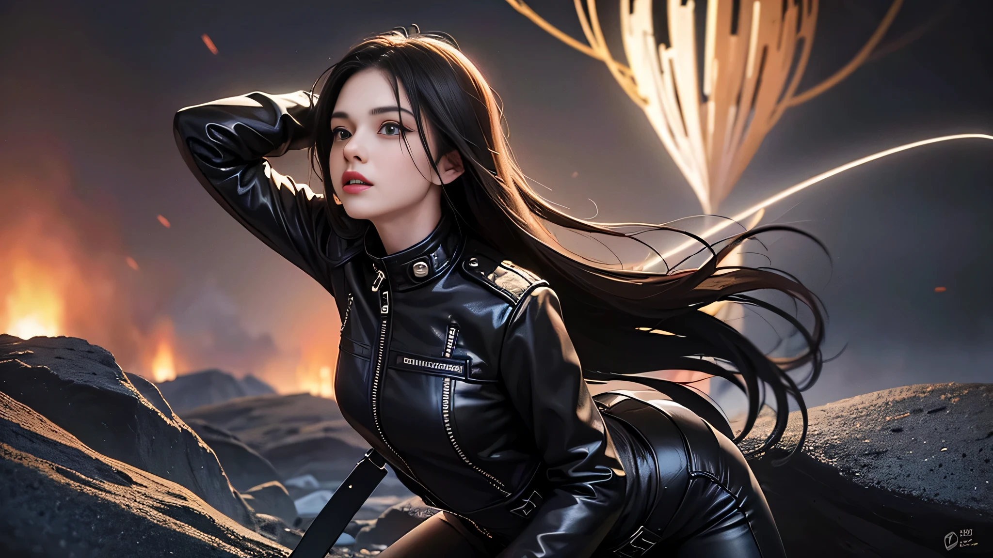 (skin dents:1.5), realistic, realistic, (masterpiece:1.5), concept art, intricate details, very detailed, realistic, octane rendering, 8K, unreal engine, dynamic pose, highest quality, High resolution, (realistic face:1.1), (超realistic:1.1), (((full_body))), perfect eyes,(shiny skin:1.2), (((hairstyle))), (((完璧な手very detailed背景), ((dynamic background)), ((1 girl)), Wearing a black leather jacket, black leather long pants, black t-shirt, black boots rowing jacket))), ((fine eyes, high quality eyes, high quality face)), (very complicated jacket), long black hair, dramatic, written boundary depth, Bokeh, 4k, (((underworld))), ((standing pose)), lethe river,perfect body,(lie:1.3)