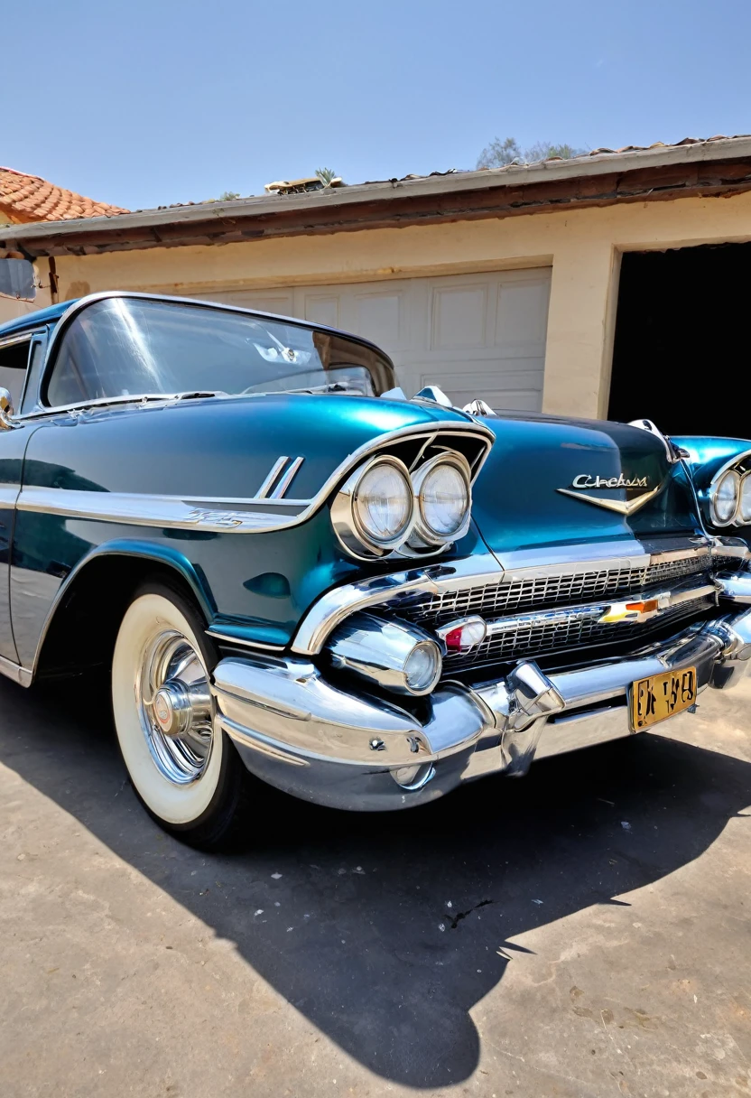 Retrato de um carro "1959 Chevrolet Bel Air" COR PRETO METALICO reflexivo, GOLDEN WIDE STAR WHEEL is on fire, The front wheels are small and the rear wheels are very large, dianteira rebaixada na frente, dentro de uma garagem com paredes brancas, diagonal camera