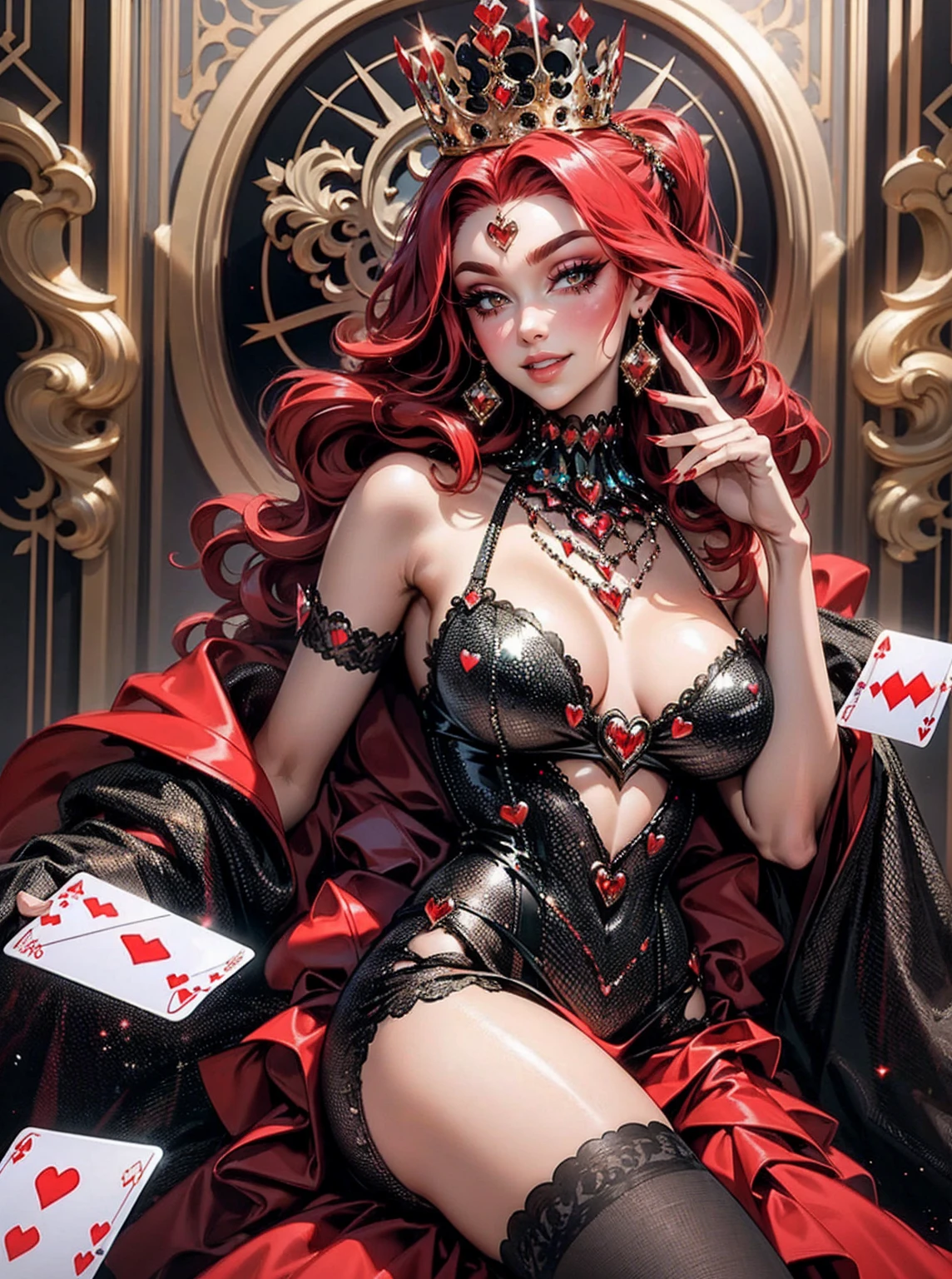 Em um luxuoso cassino, A stunning woman wears an exquisite dress adorned with heart symbols, embodying the royal presence of the Queen of Hearts. Surrounded by a backdrop of poker cards and chips, She exudes confidence and seduction, convidando os jogadores a testar sua sorte e habilidades no jogo de azar. com cabelos curtos, enrolados, cabelos vermelhos (queen of hearts), backwards, looking back, sorrindo, sorriso largo