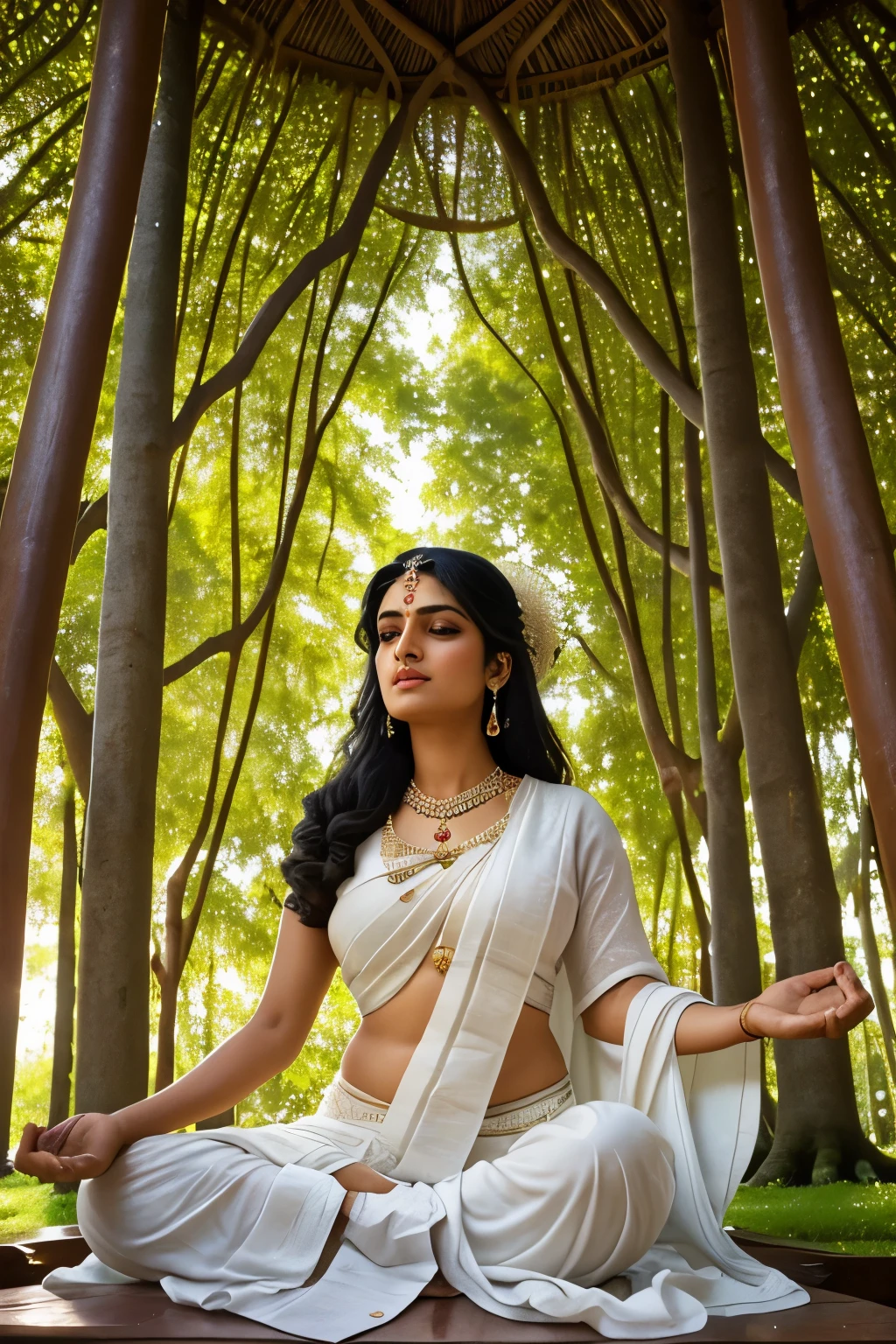 Picture prompt: A serene image of Debi Durga, a spiritual figure, sitting in meditation under the expansive canopy of a banyan tree. The goddess wears a pristine white cotton sari, the fabric gently draped over her figure, revealing intricate patterns and subtle textures. Her long, wavy black hair cascades down her back, blending seamlessly with the tree's bark. Debi Durga's eyes are closed, and her face displays a deep sense of tranquility and inner peace. The sunlight filters through the tree's leaves, casting dappled patterns on the goddess's skin, which appears finely detailed and radiantly lit. The
