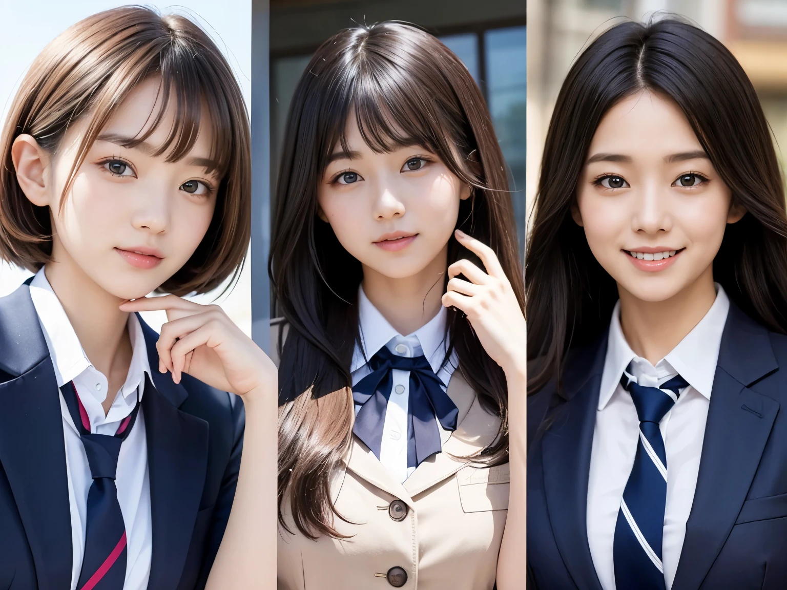 each々Three beautiful girls taking cute poses、All three beautiful girls with different hairstyles、Detailed and beautiful school uniforms、smile