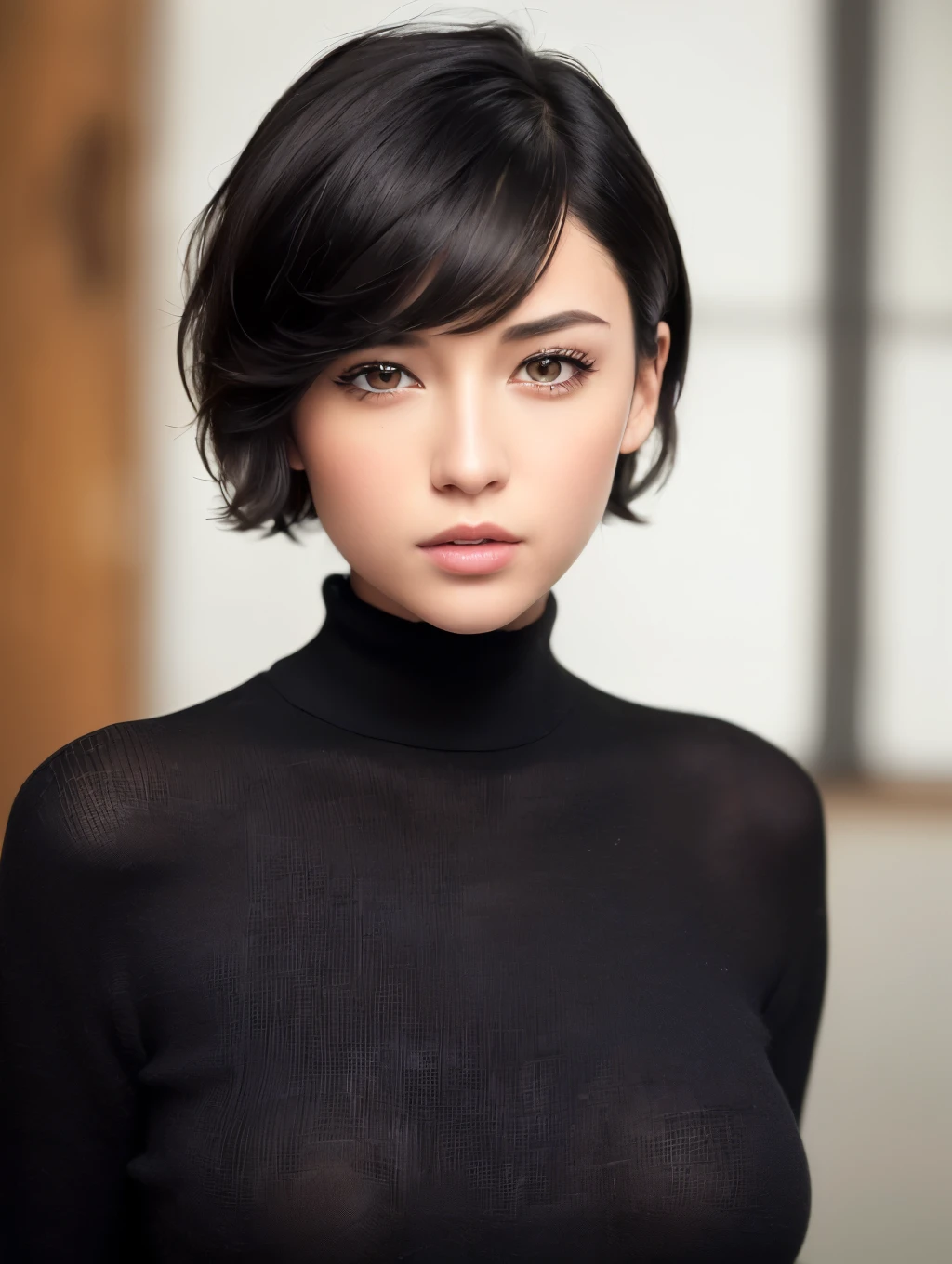 (masterpiece:1.3), (8k, photorealistic, RAW photo, best quality: 1.4), (1girl), beautiful face, (realistic face), (black hair, short hair:1.3), beautiful hairstyle, realistic eyes, beautiful detailed eyes, (realistic skin), beautiful skin, (sweater), absurdres, attractive, ultra high res, ultra realistic, highly detailed, golden ratio, black women.