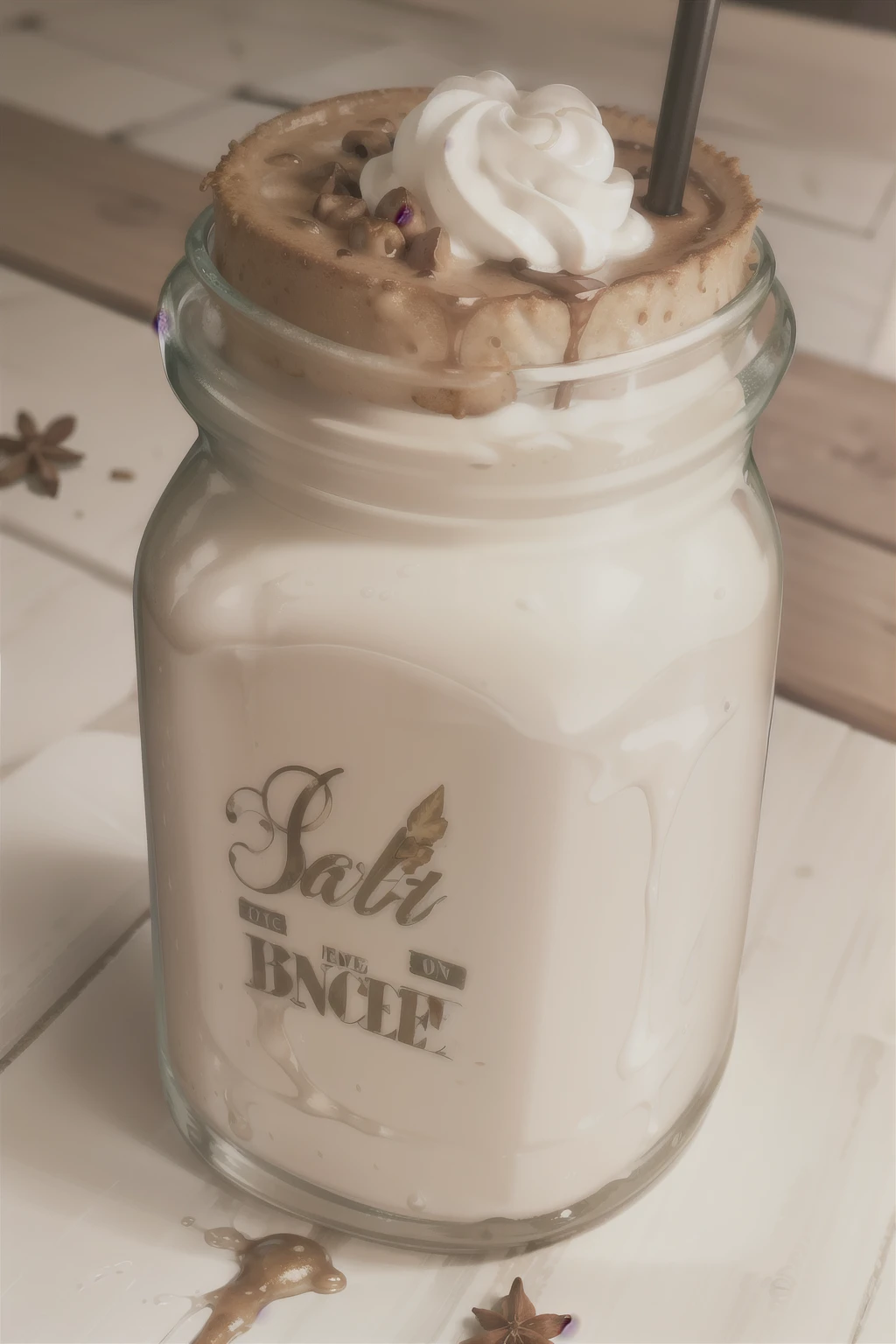 there is a glass jar with a liquid and cinnamon, Vanilla shake explosion, iced latte, drink batidos together, batido, ❤🔥🍄🌪, crema batida encima, receta, by Jason Felix, por Daniel Lieske, por Drew Tucker, por Joe Bowler, por Aneurin Jones, por Juan Lucas, por Matt Cavotta