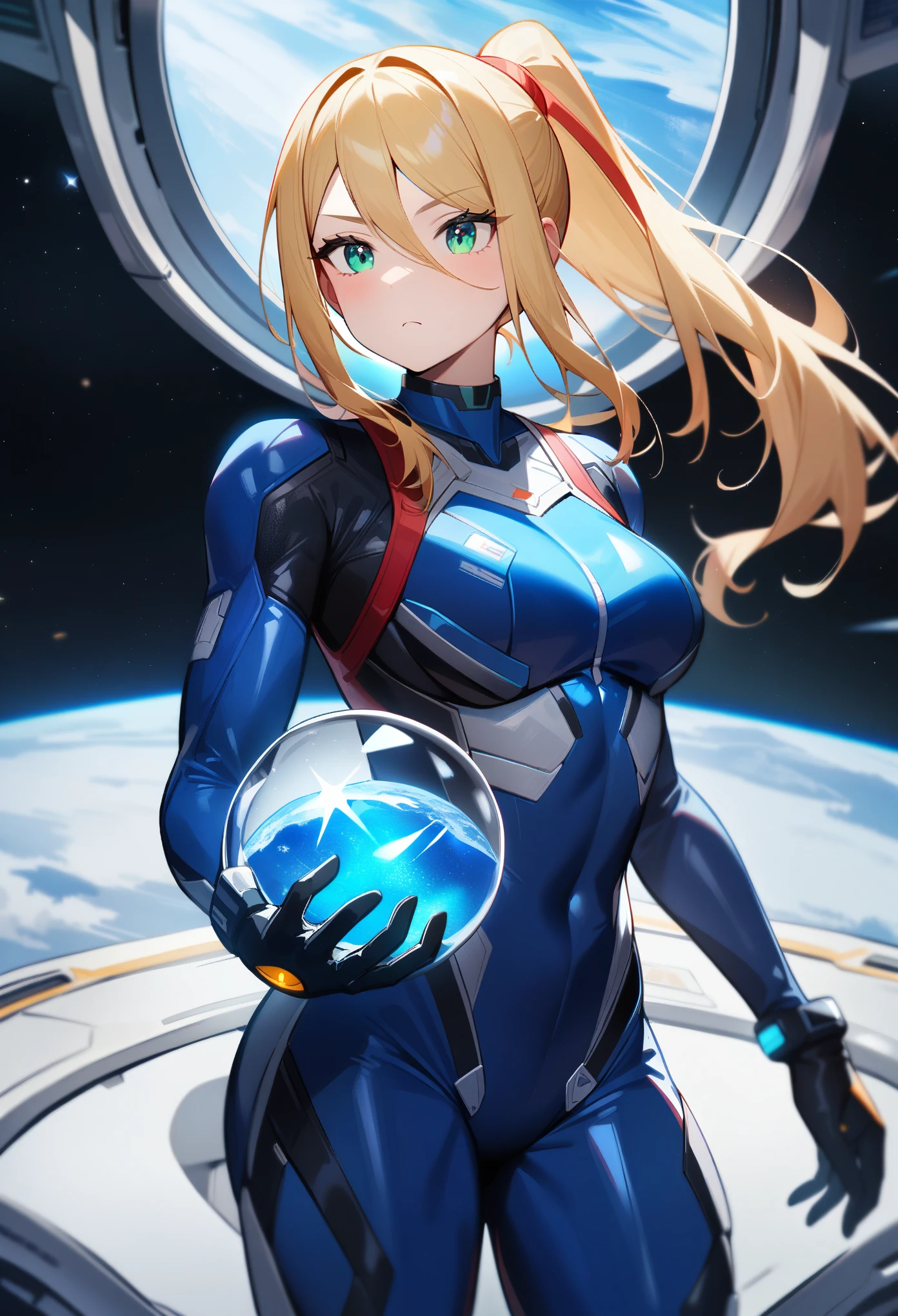 1girl,Samus aran,solo,green eyes,blonde hair,blue body suit,ponytail,want,cowboy shot,in space ship,zero gravity,Science fiction,ultra-detailed,sharp focus,aesthetic,(best quality)