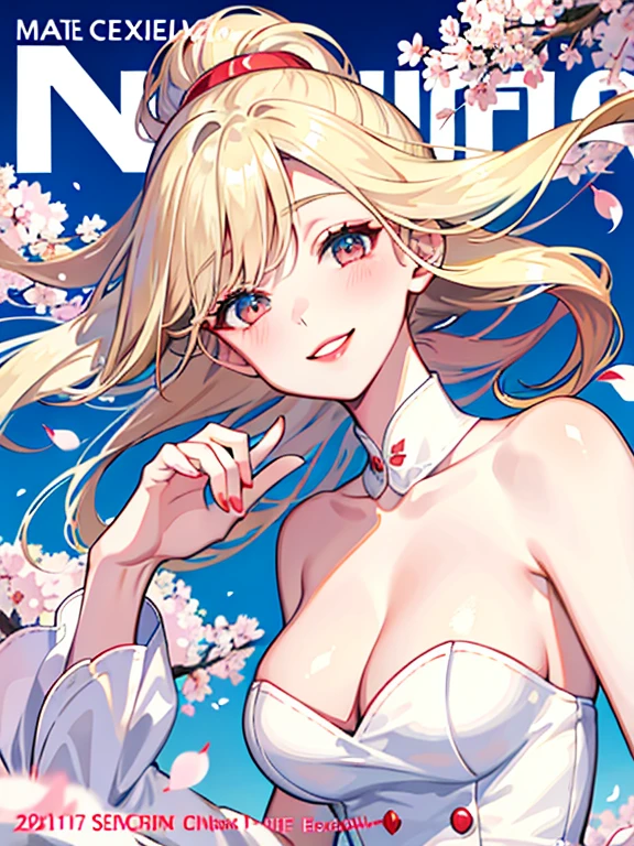 Magazine cover: 1.3, classic design, beautiful model, captivating smile, red lipstick, flowing blonde hair, elegant white dress, petals of cherry blossoms falling around her, serene expression, blue sky with cherry blossom trees in the background, bold font for title, "Spring Fashion" headline, attention-grabbing, vibrant color palette, sophisticated and elegant, fashion forward.