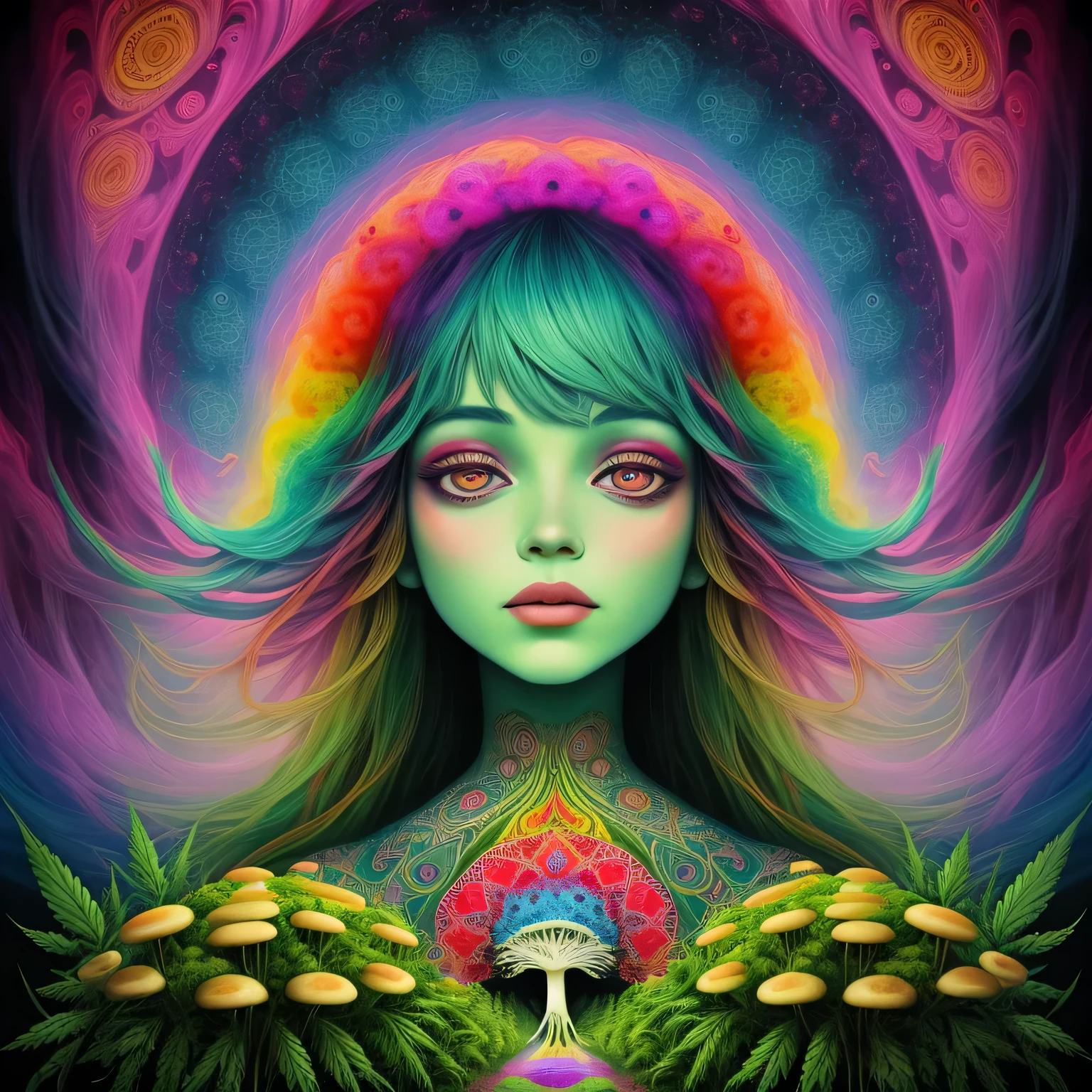 masterpiece, best quality, 1 woman, many eyes, glowing mushrooms stick out of her hair, space background, feef,