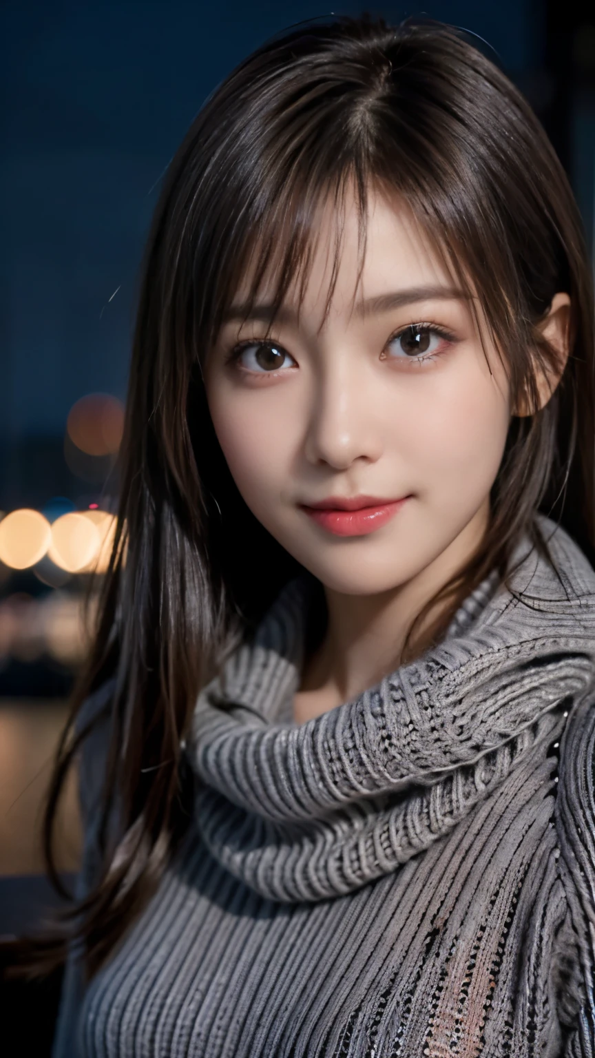 1 Japanese girl,(dark gray sweater:1.4),(she wears a knitted scarf around her neck.:1.2), (Raw photo, highest quality), (realistic, Photoreal:1.4), table top, very delicate and beautiful, very detailed, 8k wallpaper, wonderful, finely, very detailedCGの統一性, High resolution, soft light, Beautiful detailed 19 year old girl, very detailed目と顔, beautifully detailed nose, detailed and beautiful eyes,cinematic lighting,night city lights,perfect anatomy,slender body,smile (hair is dirty, asymmetrical bangs, light brown hair,)