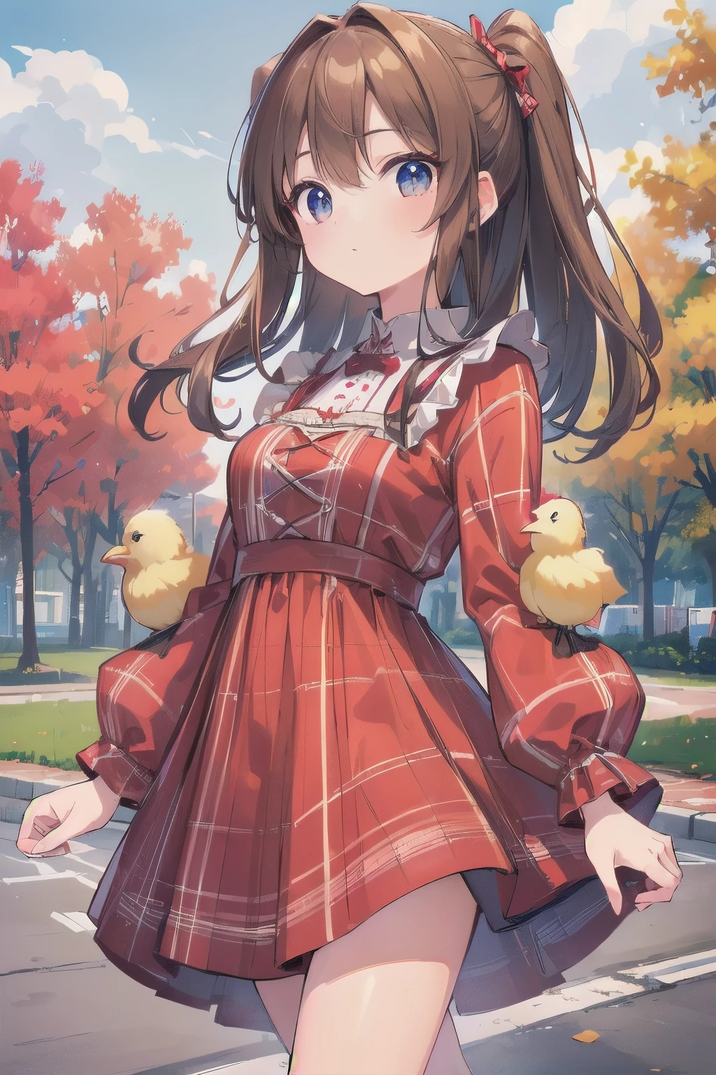 (in 8K, best quality, master piece: 1.2), ultra-high resolution,(((Chicks are walking on the ground))),brown hair girl,The girl is wearing a red checked long sleeve dress,cute,ultra-detailed face,detailed eyes,happy,Dutch Angle,outdoor,blue sky