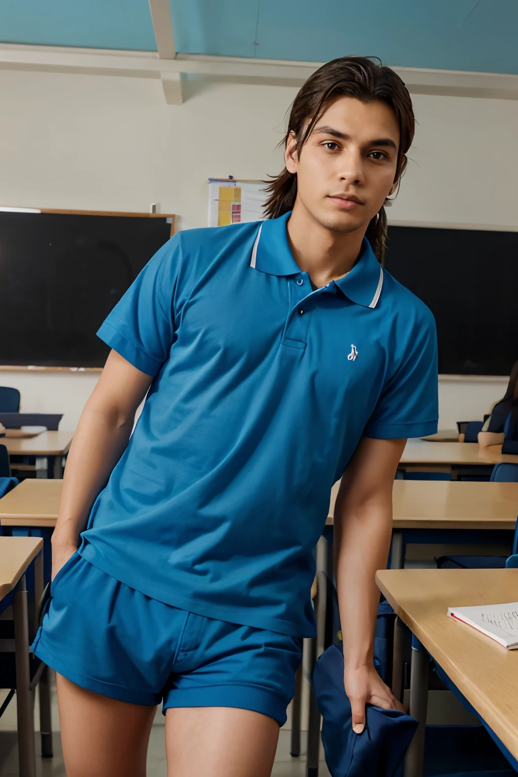 animated in a classroom, estudiando, con uniforme polo color plomo, short azul, sentado