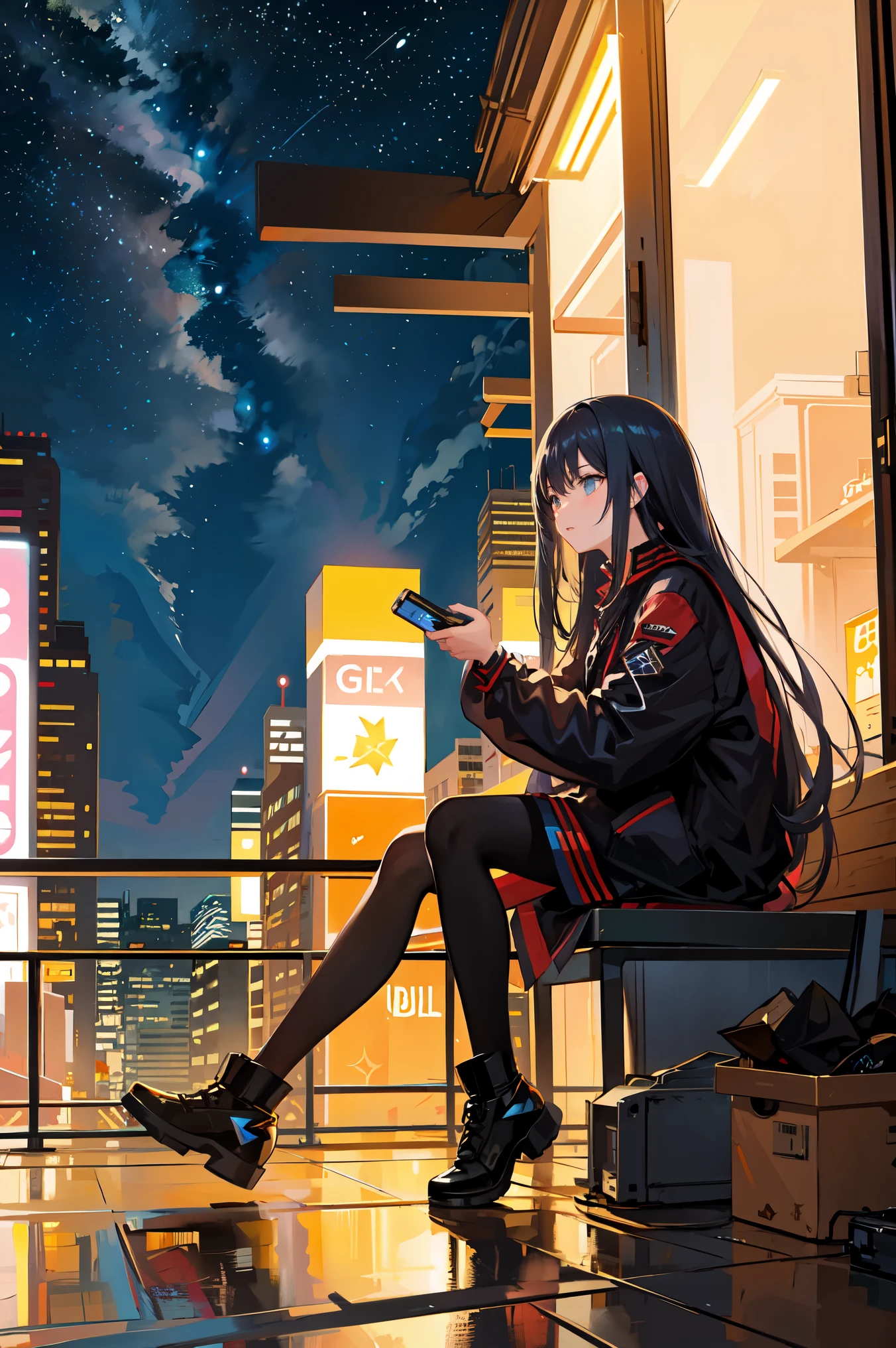 octane, null, star (null), scenery, starry null, night, 1 girl, night null, alone, outdoor, building, cloud, milky way, sitting, wood, long hair, city, silhouette, cityscape