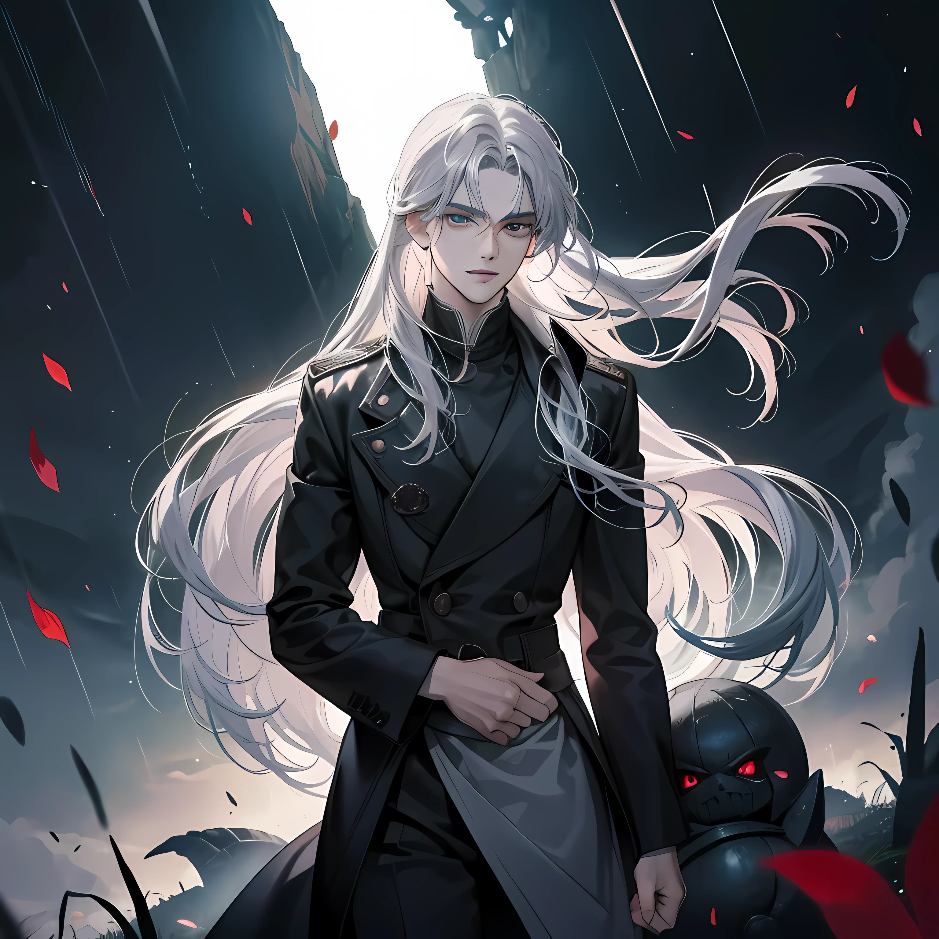 In the heart of a whimsical, enchanting land, reminiscent of Studio Ghibli's masterpieces, strides the Defiler of Daughters. His features are shrouded in intrigue and dark allure, with a tall and imposing stature that casts an ominous shadow. His long, silver hair, slick with rain, clings to his shoulders and follows the rhythm of the precipitation. The Defiler's eyes, shining like moons in the night, are the epitome of beauty, yet harboring an enigmatic and malevolent intent that leaves one feeling uneasy. A sinister smile plays on his full lips, glinting with