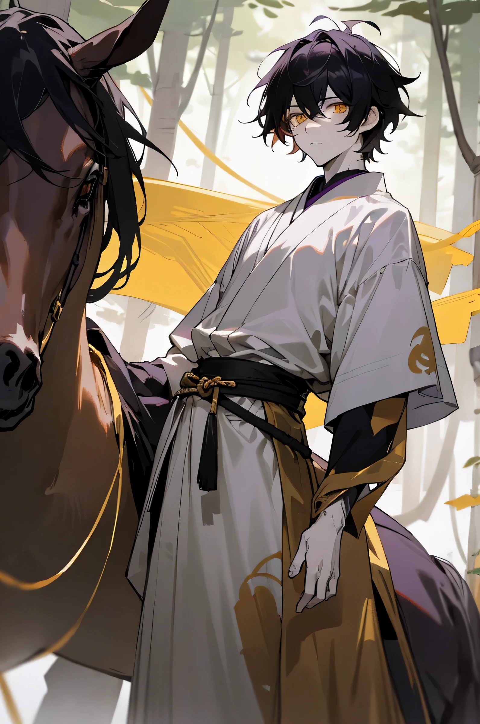 1male , black hair , gold eyes , messy hair , pale skin , white and black haori slightly short sleeves and long sleeves underneath , standing in forest background , facing viewer, somber expression ,Gojo Clothing , purple wrapped belt , lean build, medieval background, on a horse.