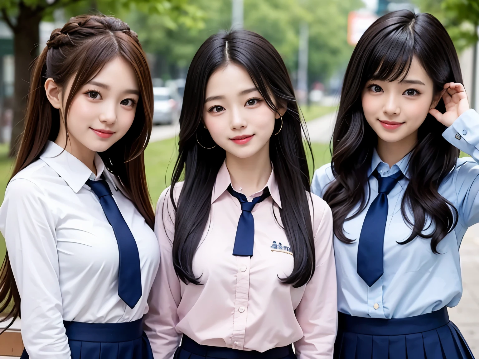each々Three beautiful girls taking cute poses、All three beautiful girls with different hairstyles、Detailed and beautiful school uniforms、pleated skirt、smile
