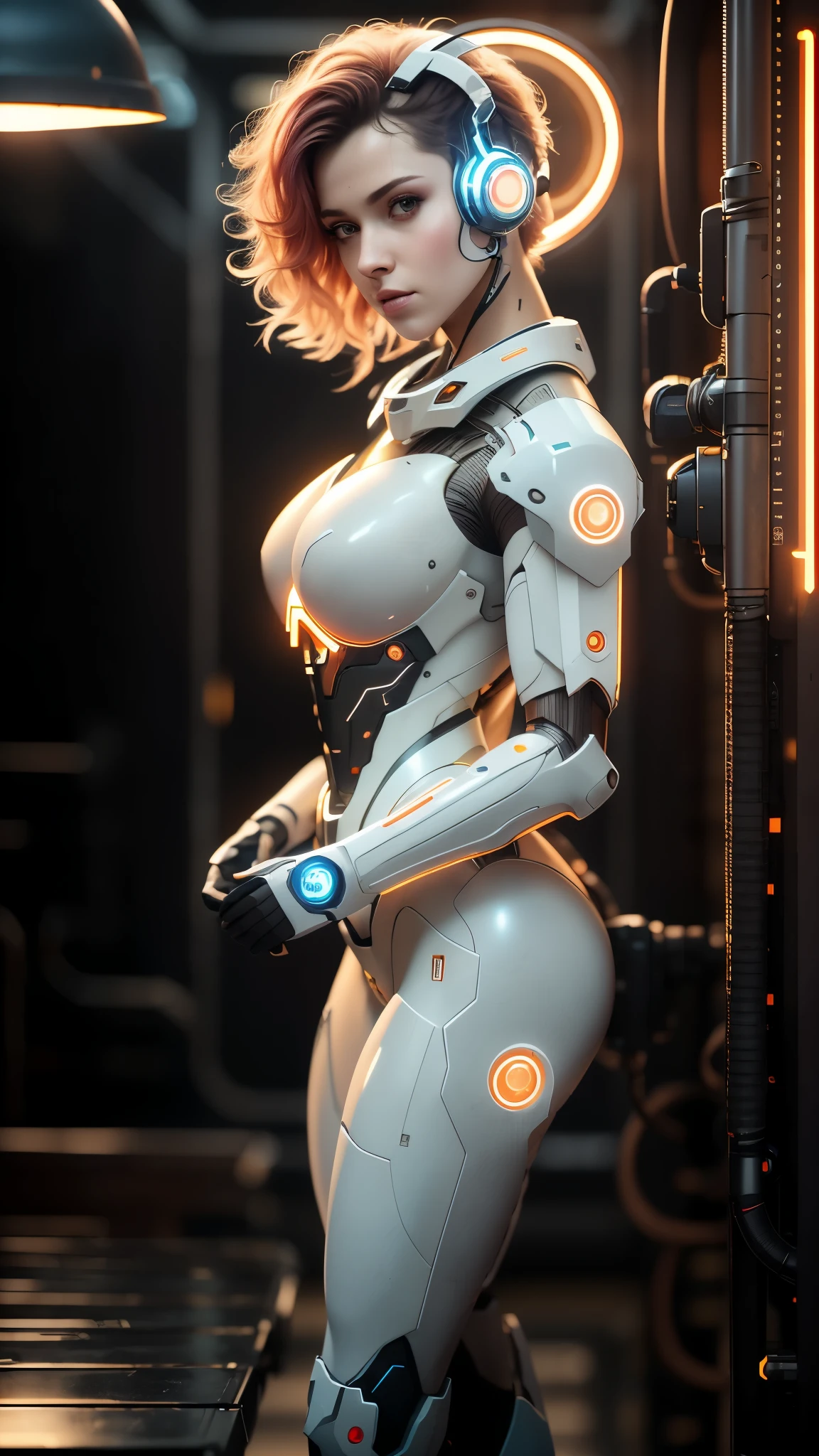 A glowing cyber girl with a cybernetic arm,(Transparent and revealing clothing:1.3, )Stand on the streets of an apocalyptic battlefield.surrounded by a wire network. Surrounded by a network of circuits. (Cyber girl with a submachine gun:1.3), Shiny light brown and orange striped short hair,cute smile,perfect round face,A cheerful smile that makes the viewer happy,proper body proportions,table top,Super high quality output image,High resolution,intricate details,very delicate and beautiful hair,realistic shadow,focus only, japanese girl, , skinny body, flat chest, gray bob cut, extremely ultra detailed face, extremely ultra real skin, extremely ultra detailed eyes, extremely ultra surrealism, (masterpiece, best quality:1.2), octane rendering, (8k, uhd, ultra high res), extremely ultra detailed real texture, professional lighting, (realistic:1.3), (RAW photo:1.2), (photorealistic:1.5)