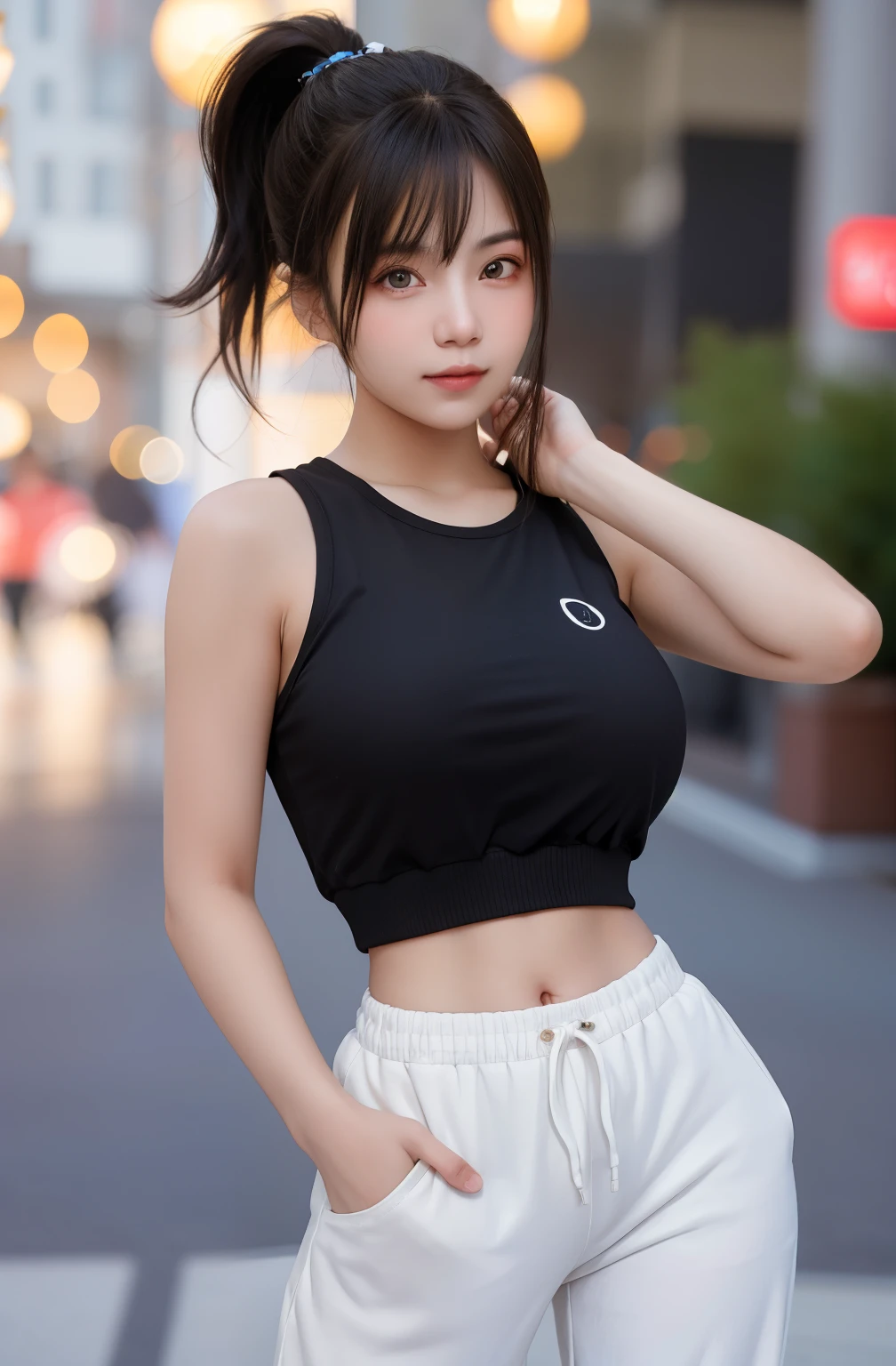 1girl, cute, 20 years old, seductive expression, look at viewer, sport top ,joger pants, photo, realistic, best quality, hires, detailed face, detailed background street mall, diffused lighting, depth of field, bokeh,large breasts, pose model,ponytail,