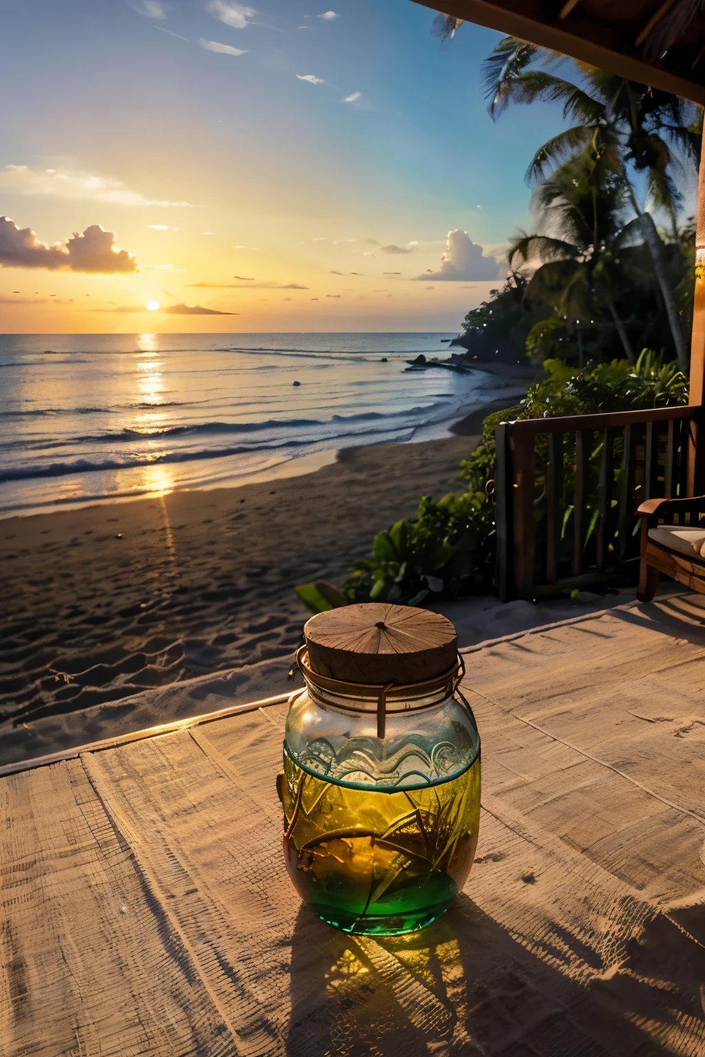 Picture a beautiful beach house with vibrant colors and intricate details, situated on a tropical coastline. The sun is setting on the horizon, casting a warm, golden glow over the scene. Reggae music plays in the background, adding to the peaceful and relaxing atmosphere. The house, reminiscent of a reggae album cover, has a rustic charm to it, adorned with lush greenery, bright flowers, and colorful patterns. The gentle waves crash against the shore, creating a calming sound that complements the music.
Imagine a clear glass jar filled with a multicolored mixture, representing the setting sun. The texture of the mixture is fluid and shimmering, with each