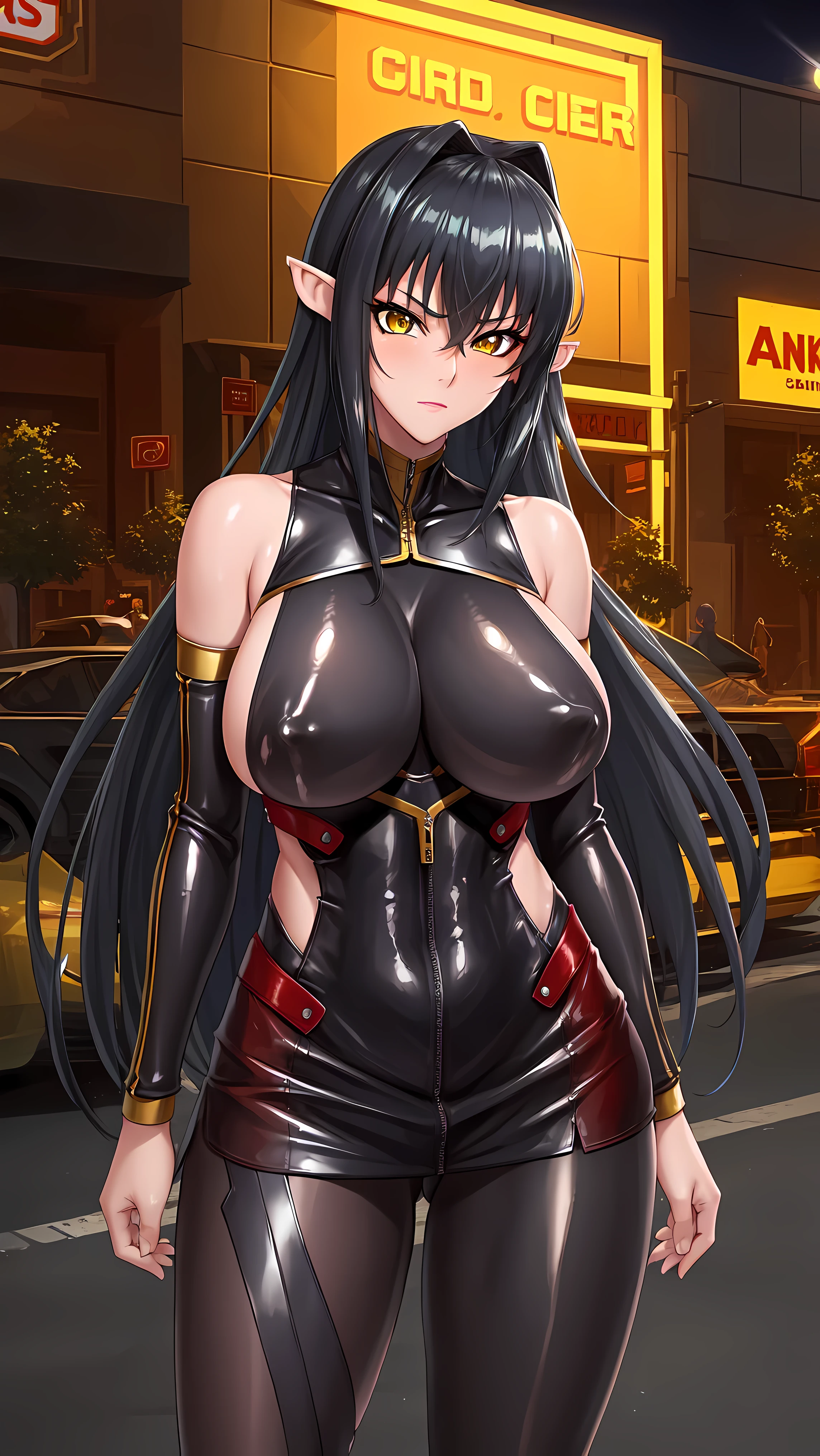 (high quality:1.1),  intricate details,  cinematic lighting, sharp focus, extremely face details,
Annerose, 1girl, solo, standing, cowboy shot,
looking at viewer, determined, 
very long hair, hair intakes, black hair, pointy ears, yellow eyes,
 (bodysuit:1.05), shiny clothes, 
 large breasts, (covered nipples:1.1), sideboob, 
outdoors, park,