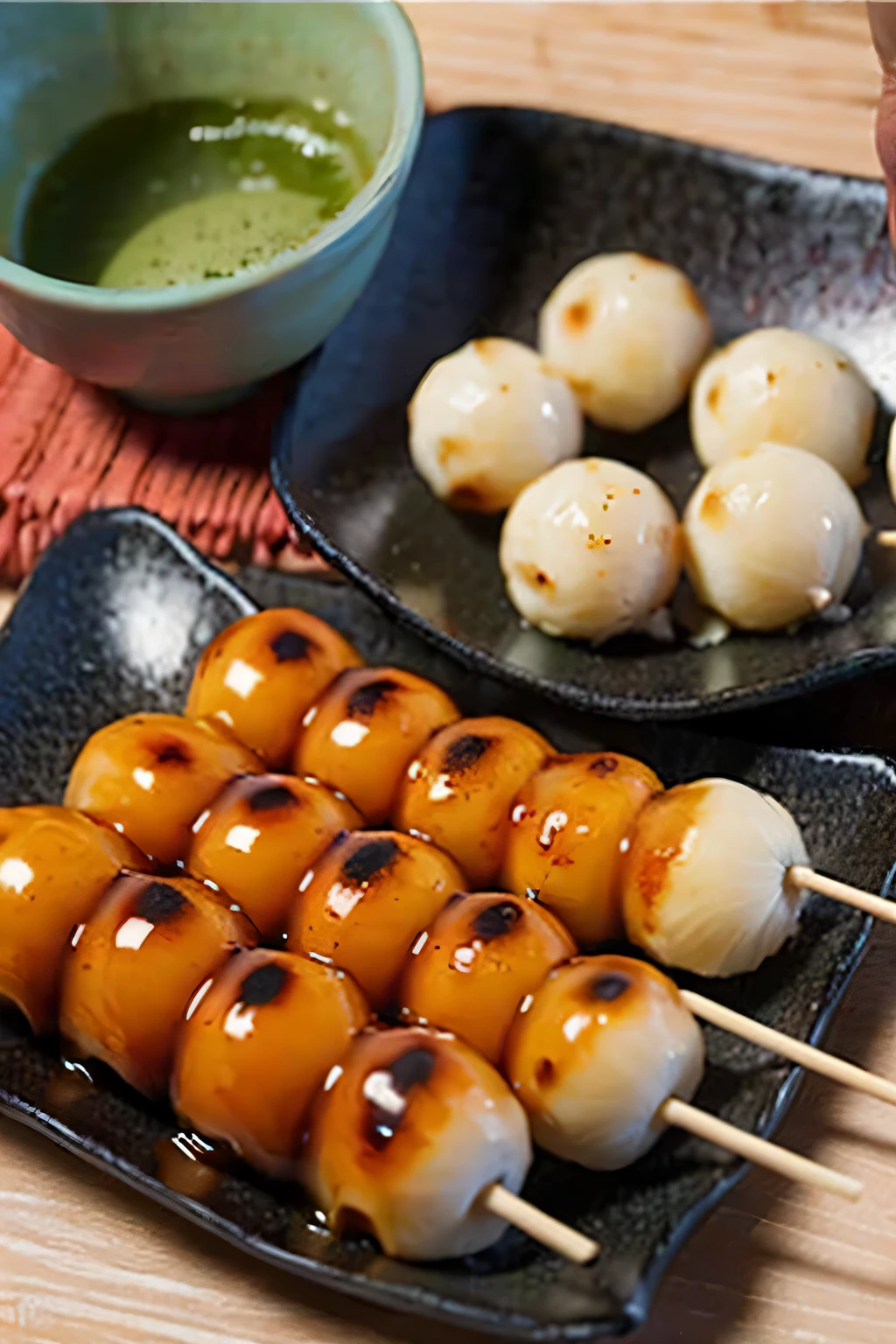 Create an image of traditional Japanese mitarashi dango. The scene should show several skewers of round rice dumplings covered in a glossy, sweet soy sauce glaze. The dango should be arranged on a traditional wooden plate with a bamboo skewer visible. The background can include elements like a Japanese tea set or a wooden table to evoke a traditional Japanese setting. The overall ambiance should be warm and inviting, highlighting the rich texture and color of the mitarashi sauce